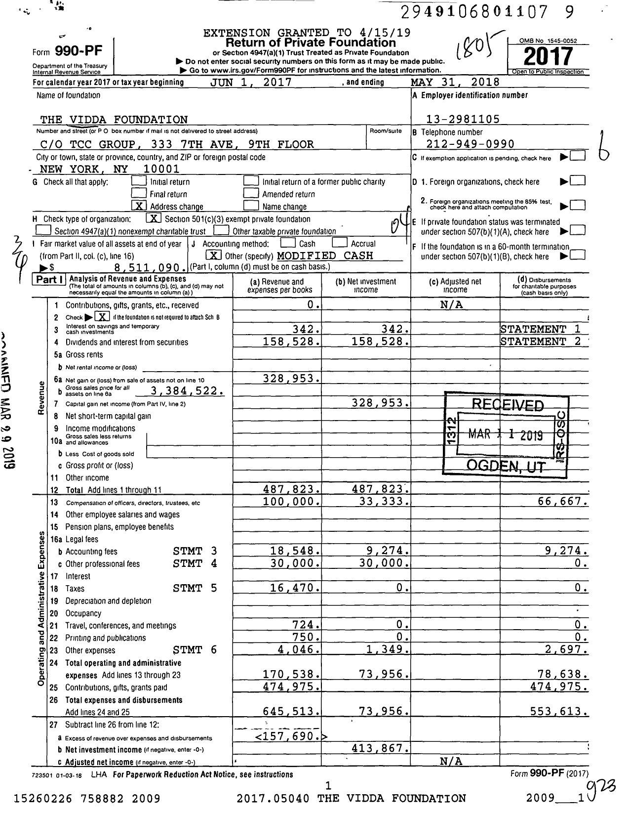 Image of first page of 2017 Form 990PF for The Vidda Foundation