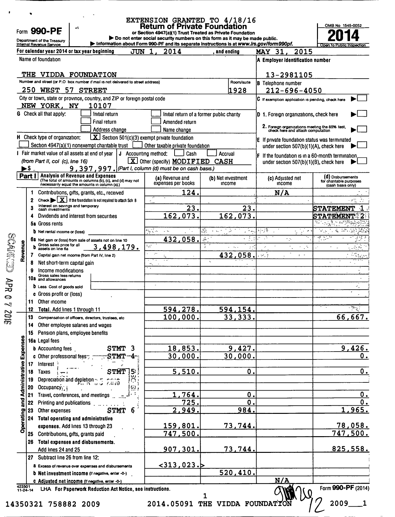 Image of first page of 2014 Form 990PF for The Vidda Foundation