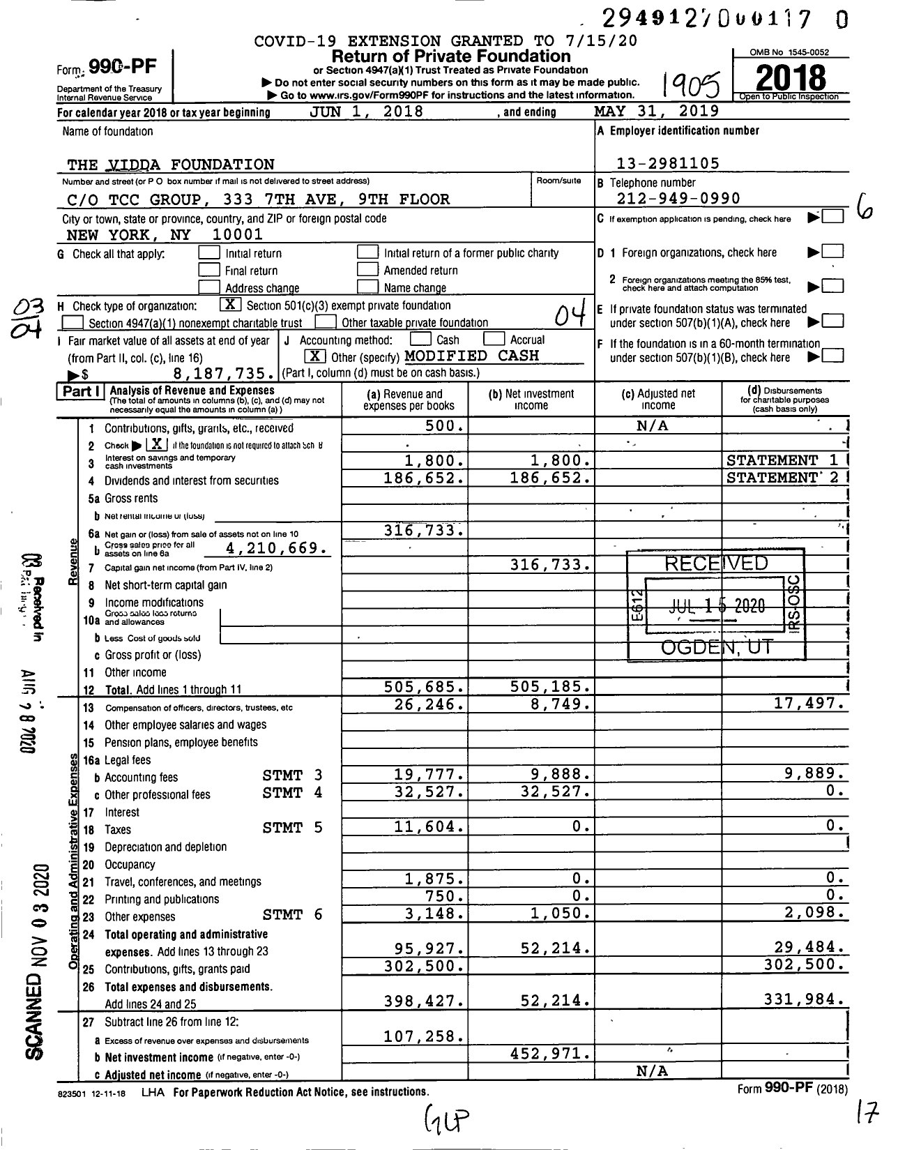Image of first page of 2018 Form 990PF for The Vidda Foundation