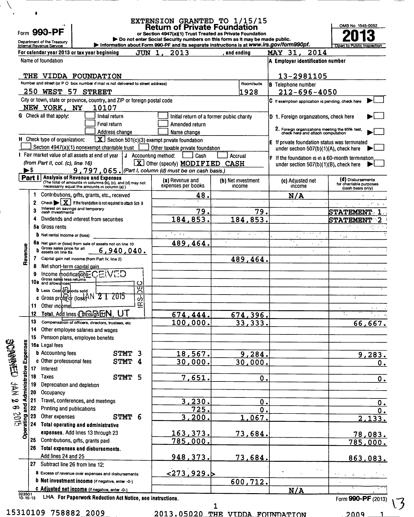 Image of first page of 2013 Form 990PF for The Vidda Foundation