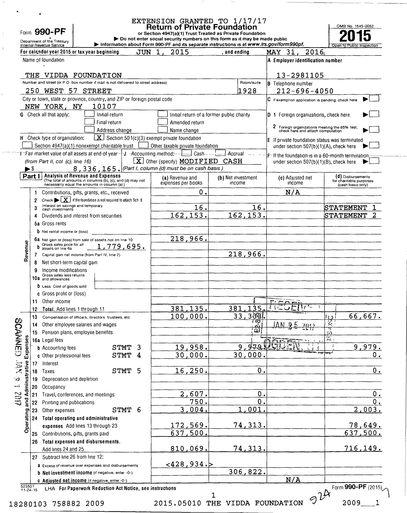 Image of first page of 2015 Form 990PF for The Vidda Foundation