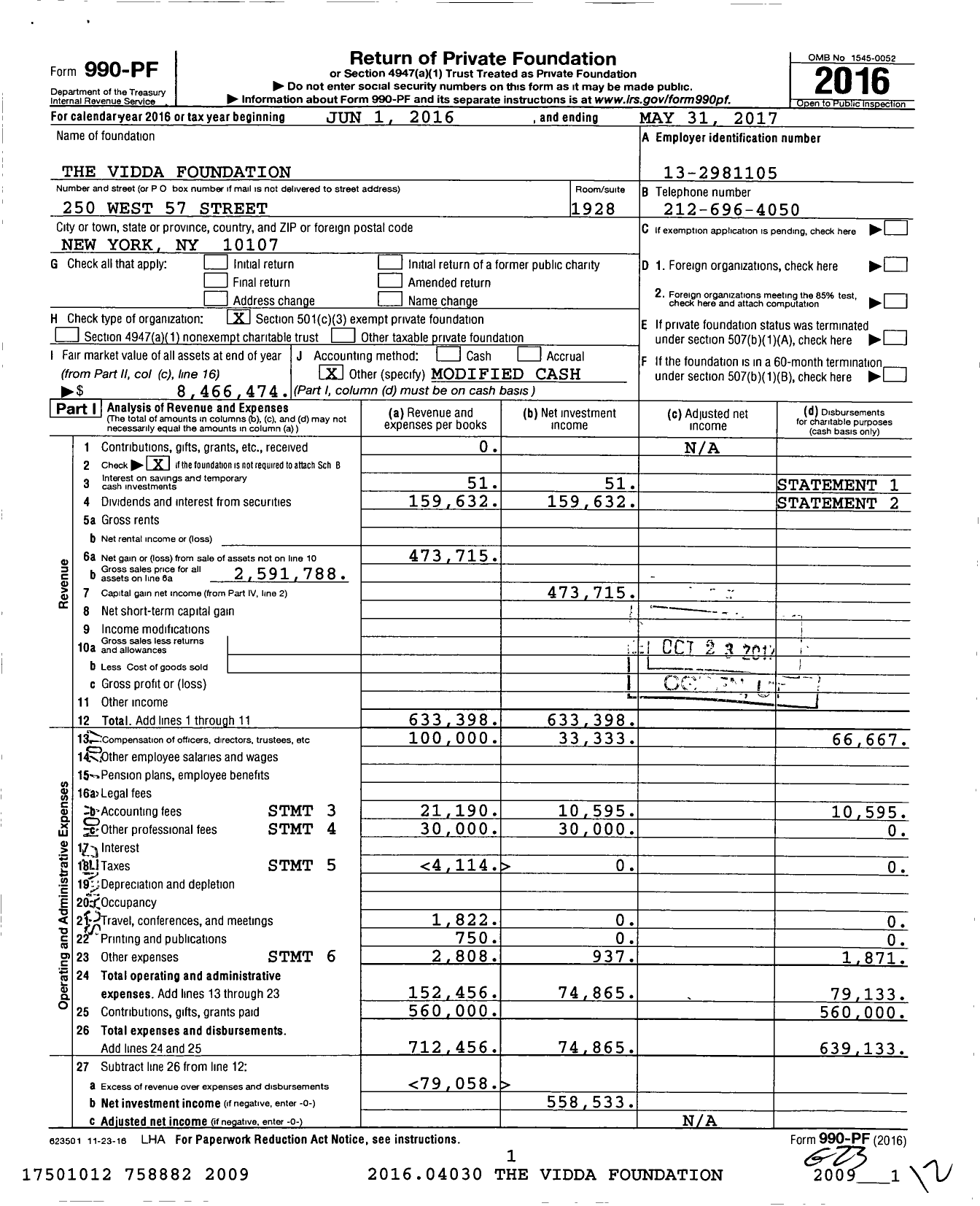 Image of first page of 2016 Form 990PF for The Vidda Foundation