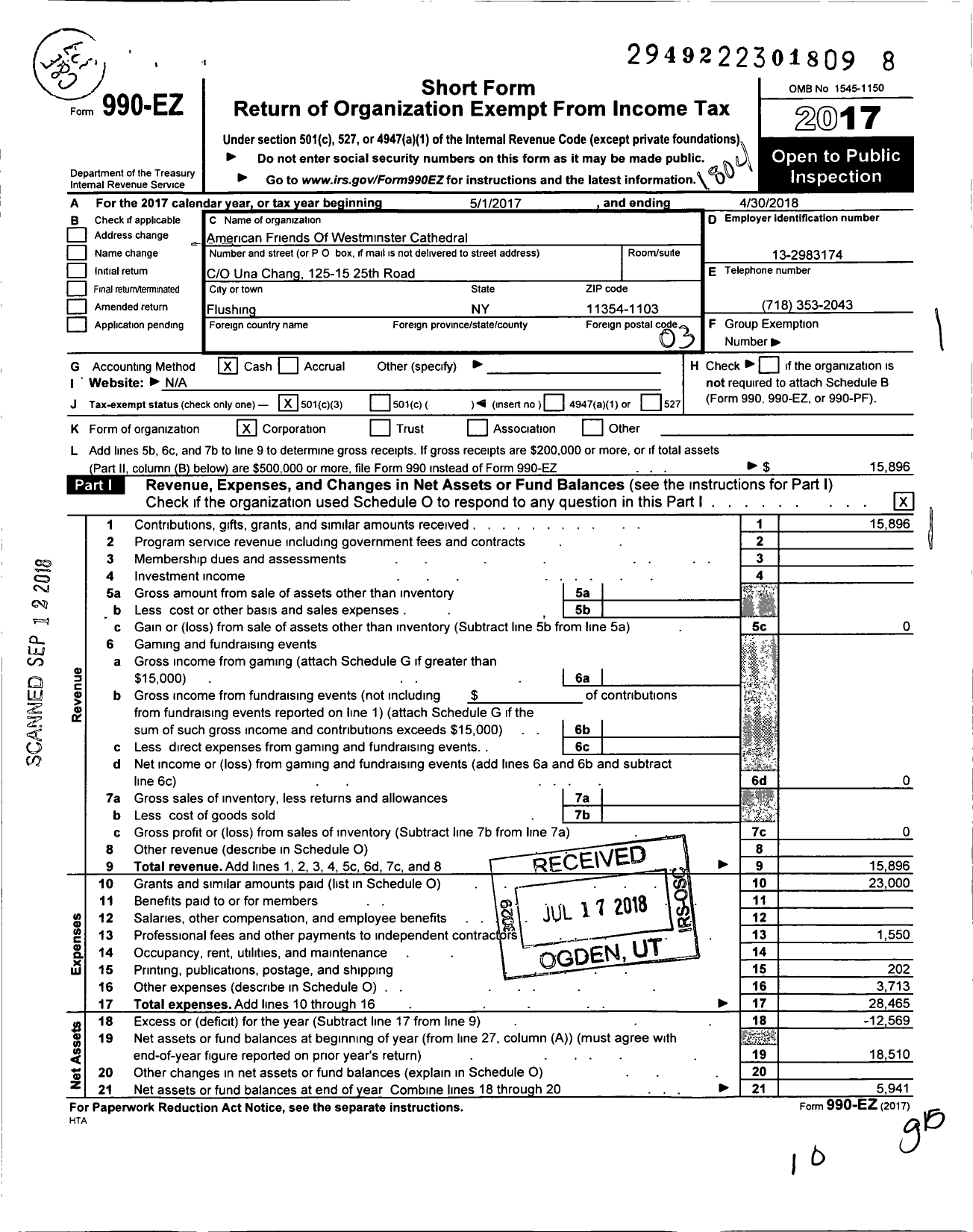 Image of first page of 2017 Form 990EZ for American Friends Of Westminster Cathedral