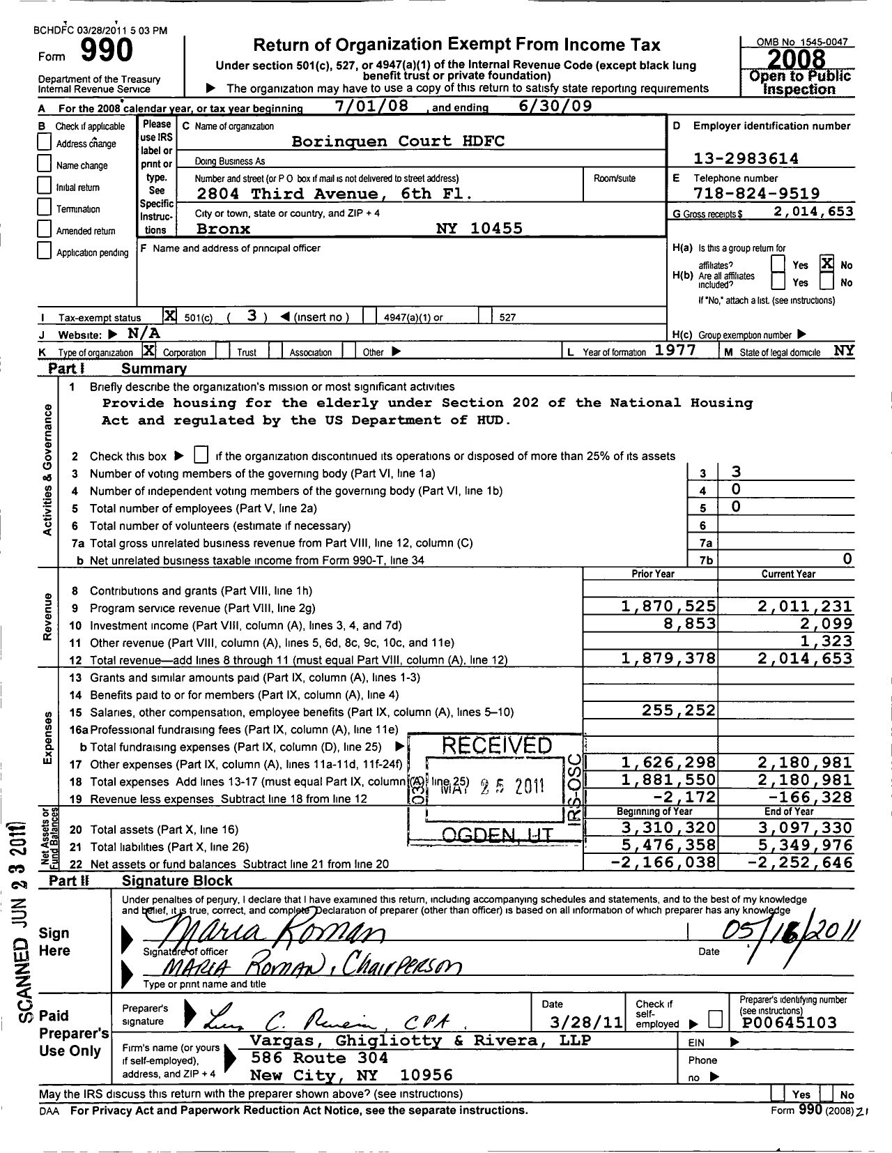 Image of first page of 2008 Form 990 for Borinquen Court Housing Development Fund Corporation