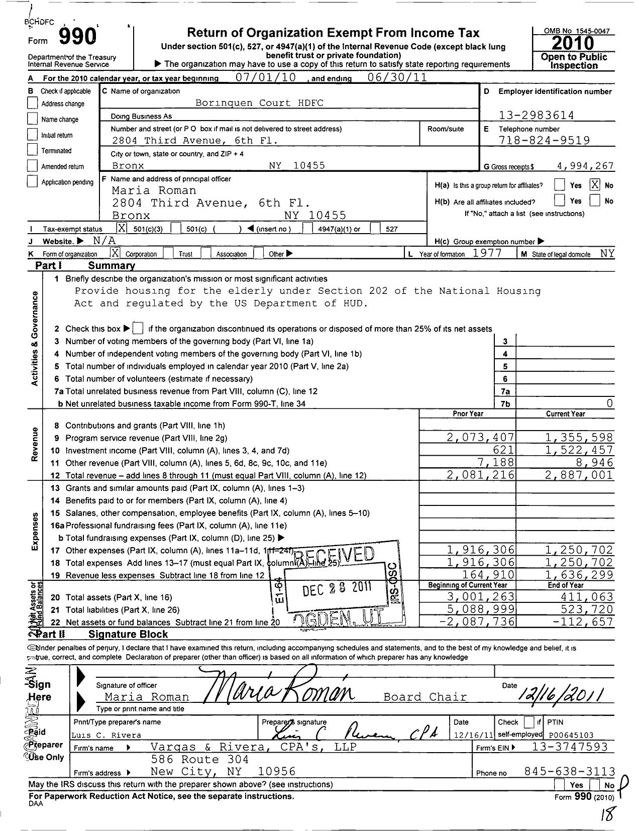 Image of first page of 2010 Form 990 for Borinquen Court Housing Development Fund Corporation