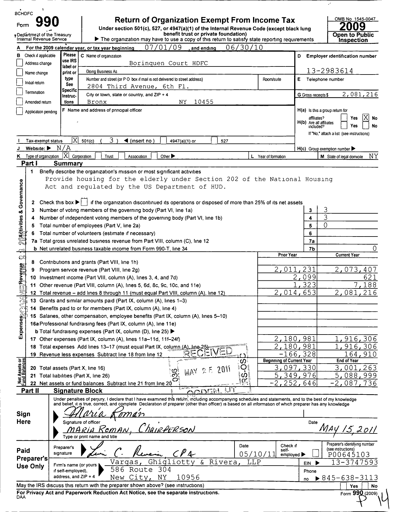 Image of first page of 2009 Form 990 for Borinquen Court Housing Development Fund Corporation