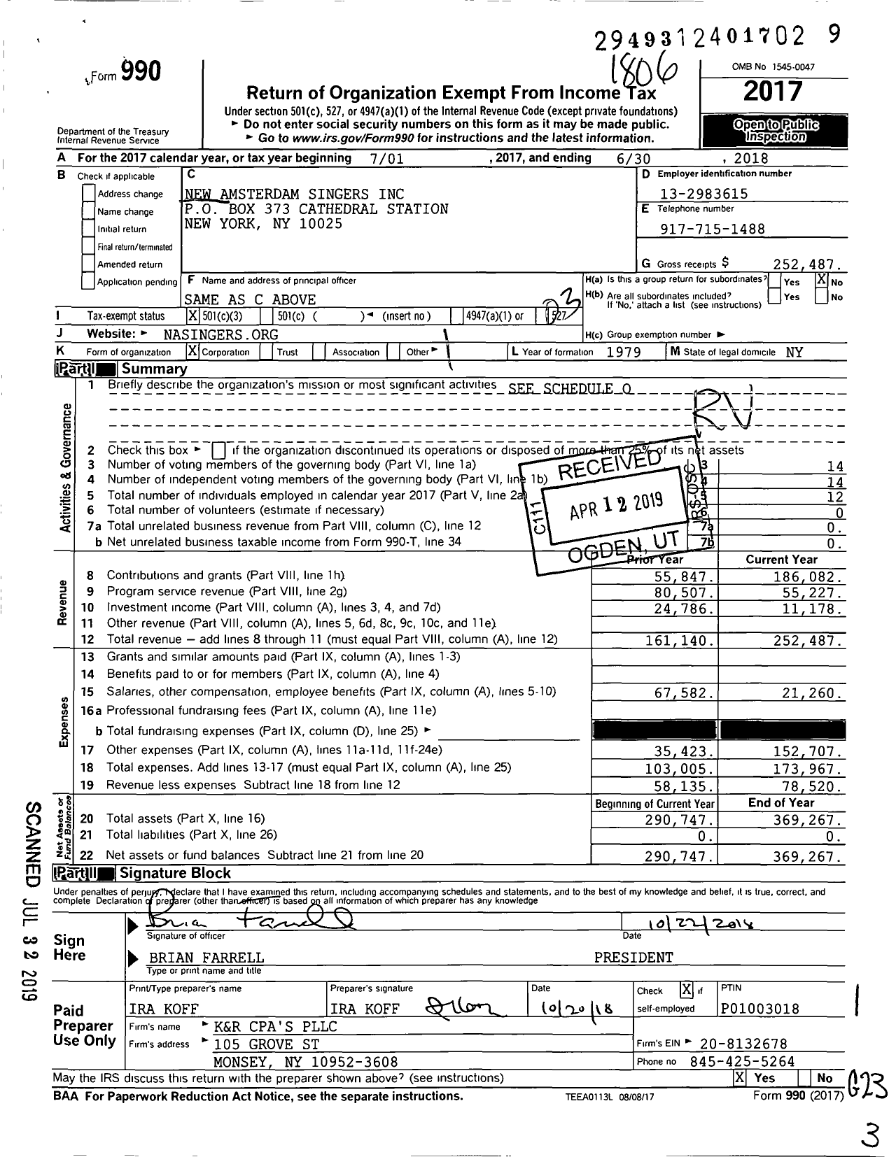 Image of first page of 2017 Form 990 for New Amsterdam Singers