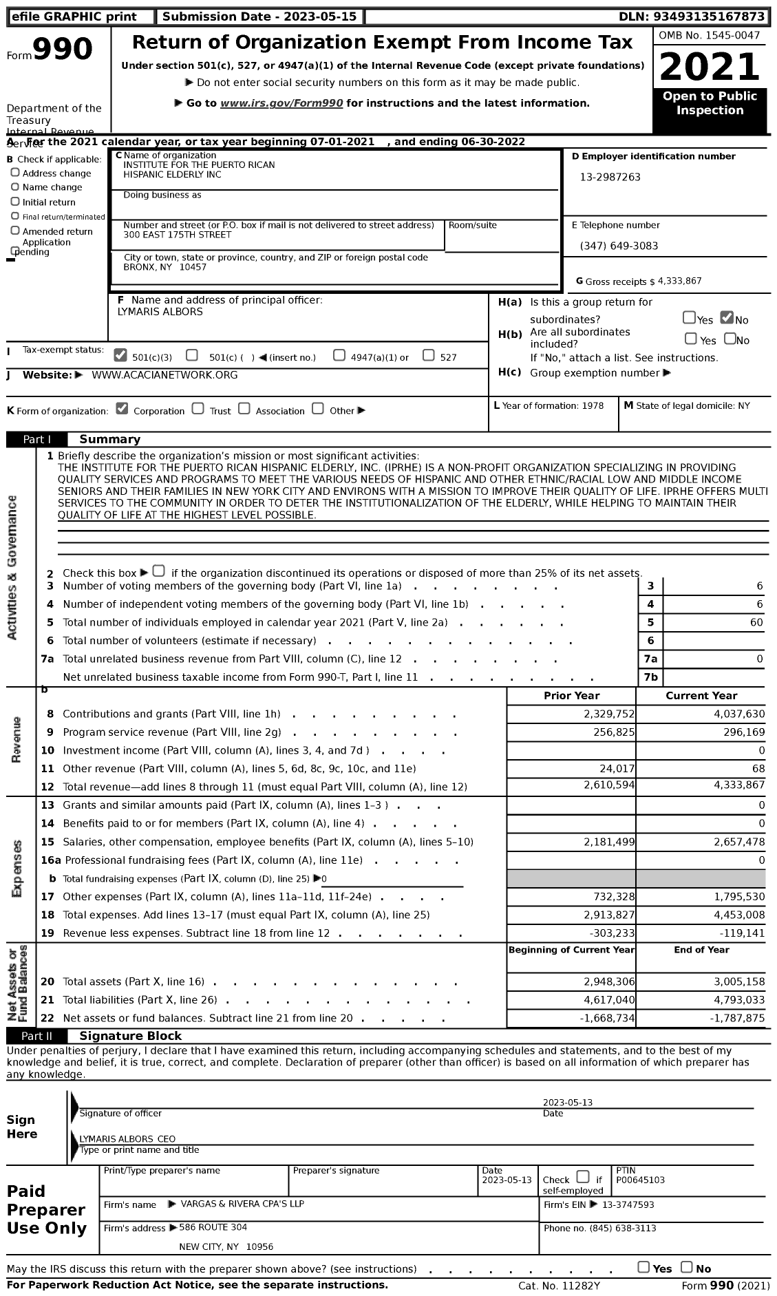 Image of first page of 2021 Form 990 for Institute for the Puerto Rican Hispanic Elderly