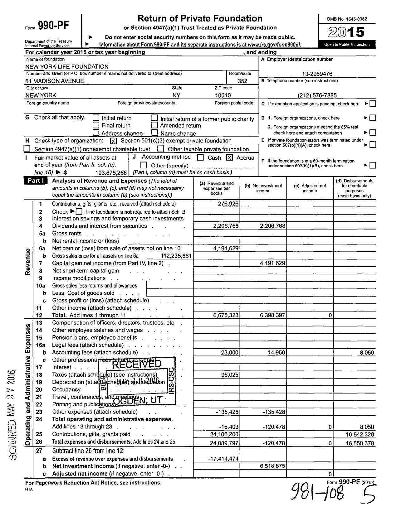 Image of first page of 2015 Form 990PF for New York Life Foundation