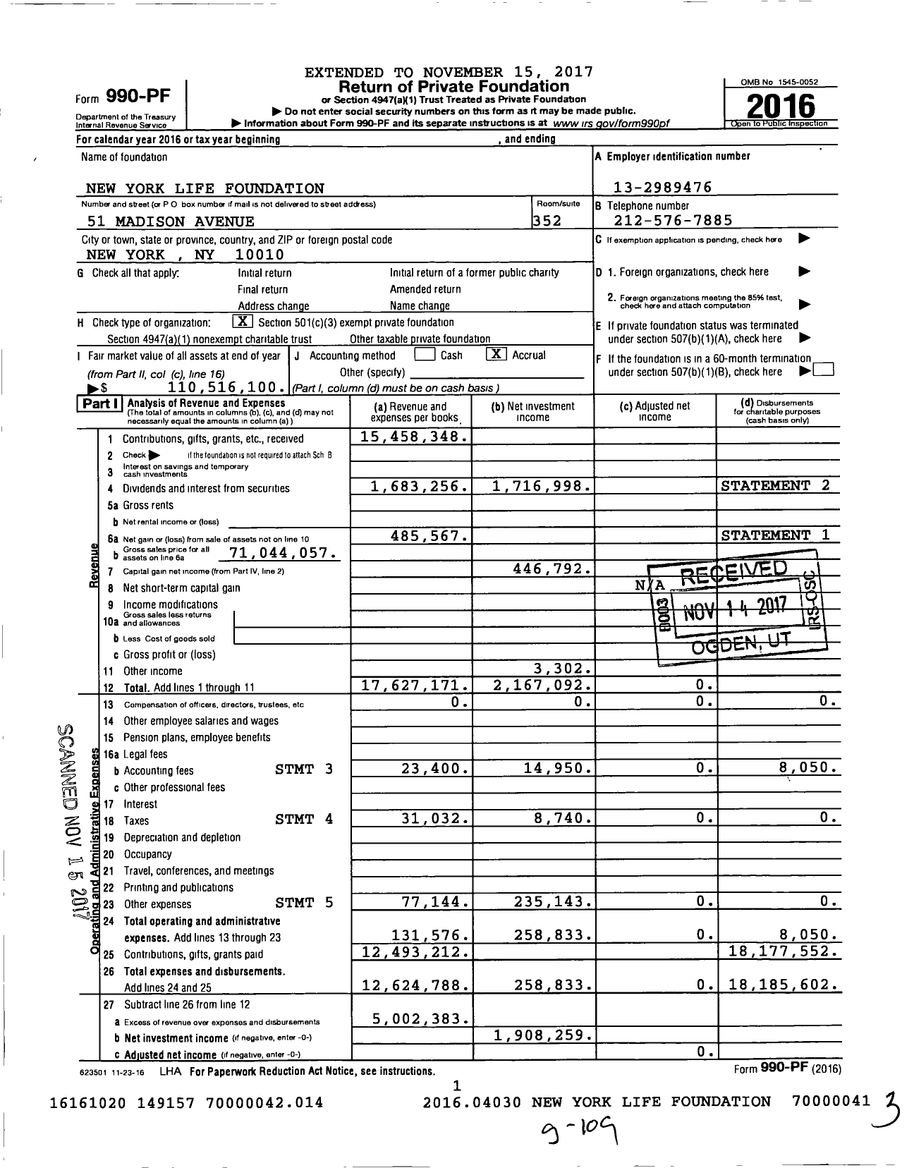 Image of first page of 2016 Form 990PF for New York Life Foundation