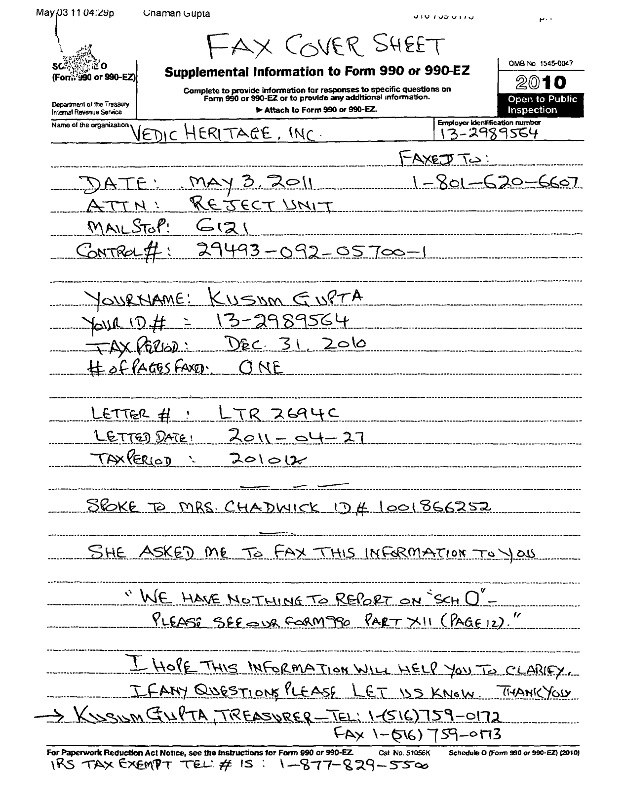 Image of first page of 2010 Form 990R for Vedic Heritage