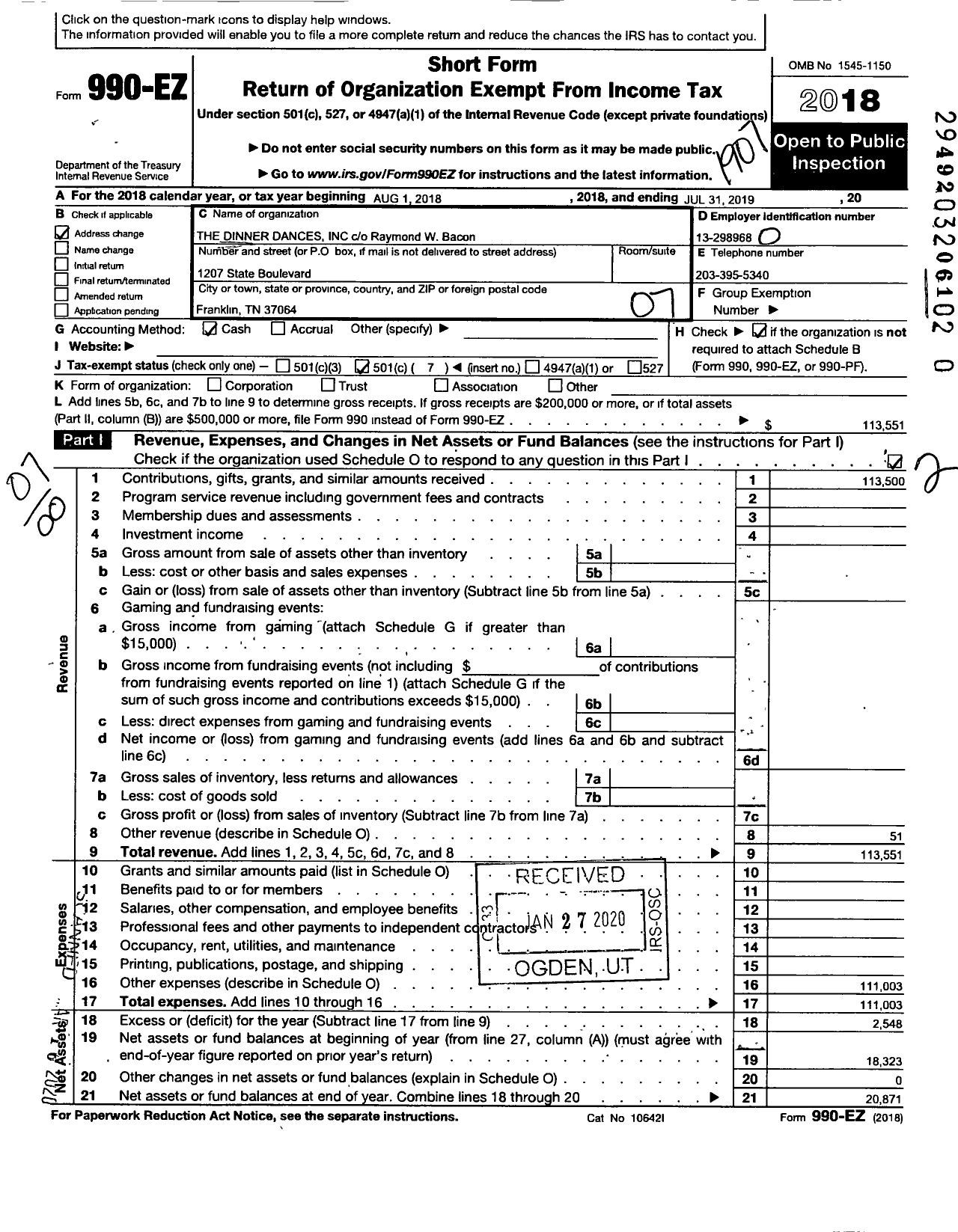 Image of first page of 2018 Form 990EO for The Dinner Dances