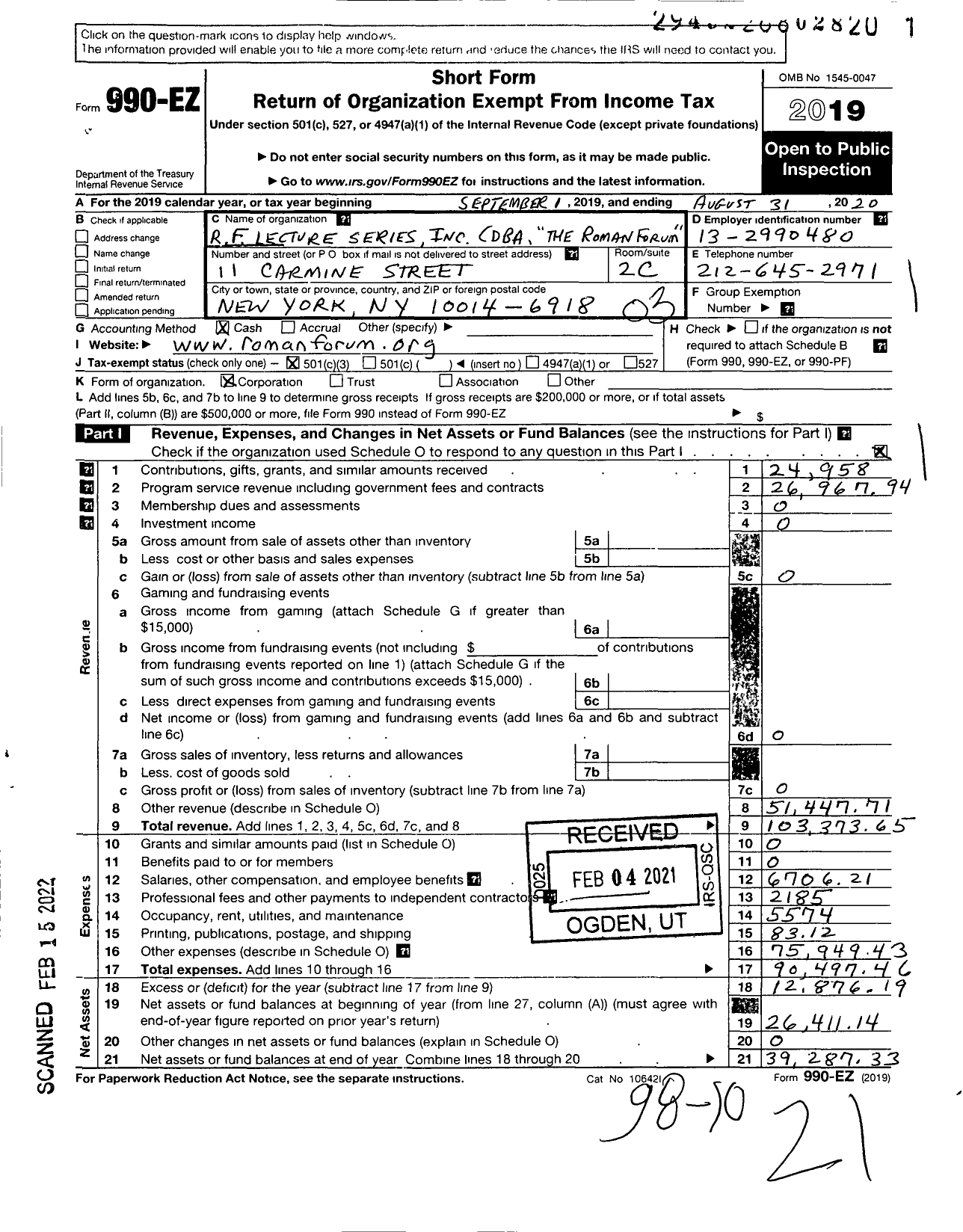 Image of first page of 2019 Form 990EZ for R F Lecture Series