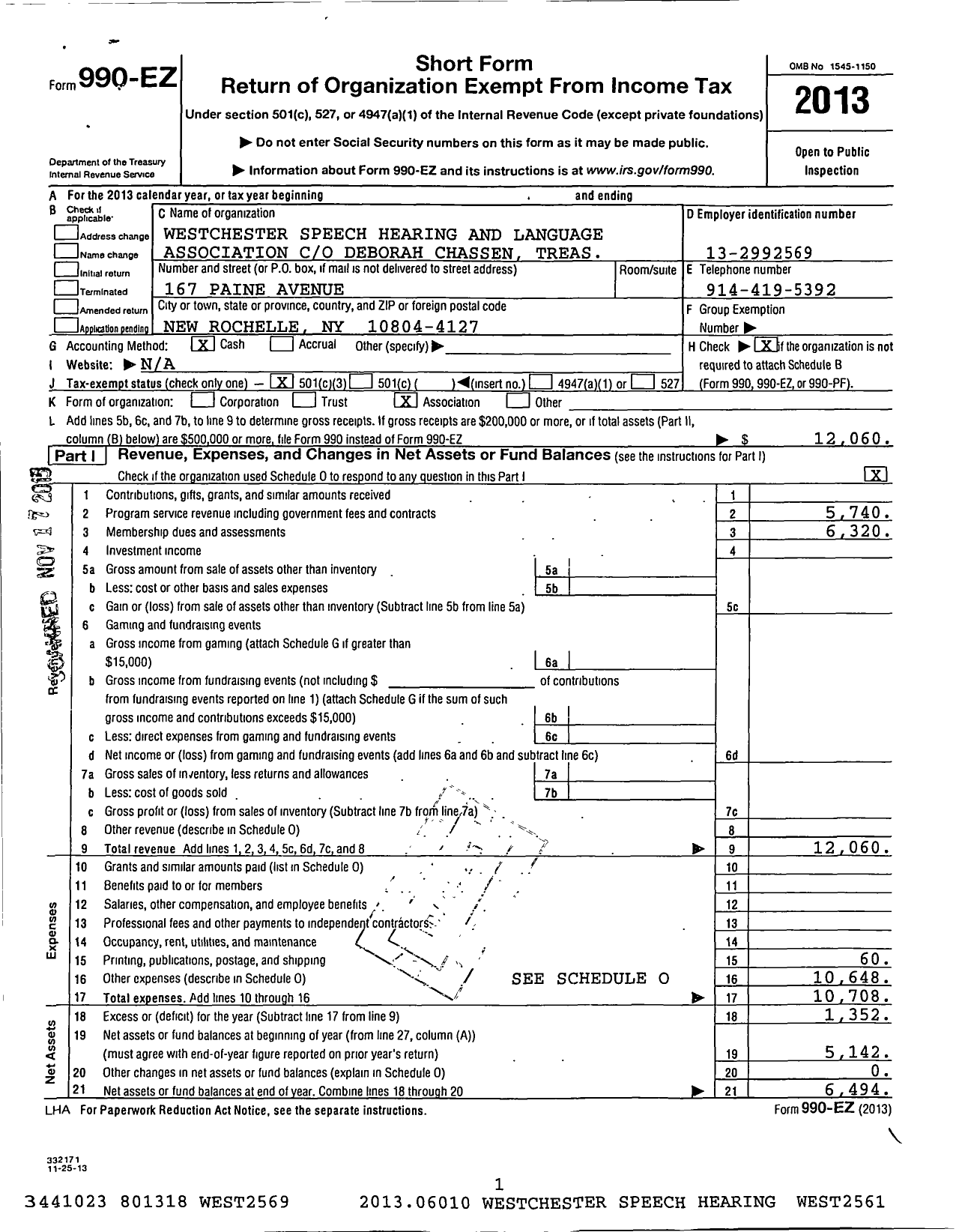 Image of first page of 2013 Form 990EZ for Westchester Speech Hearing and Language Association