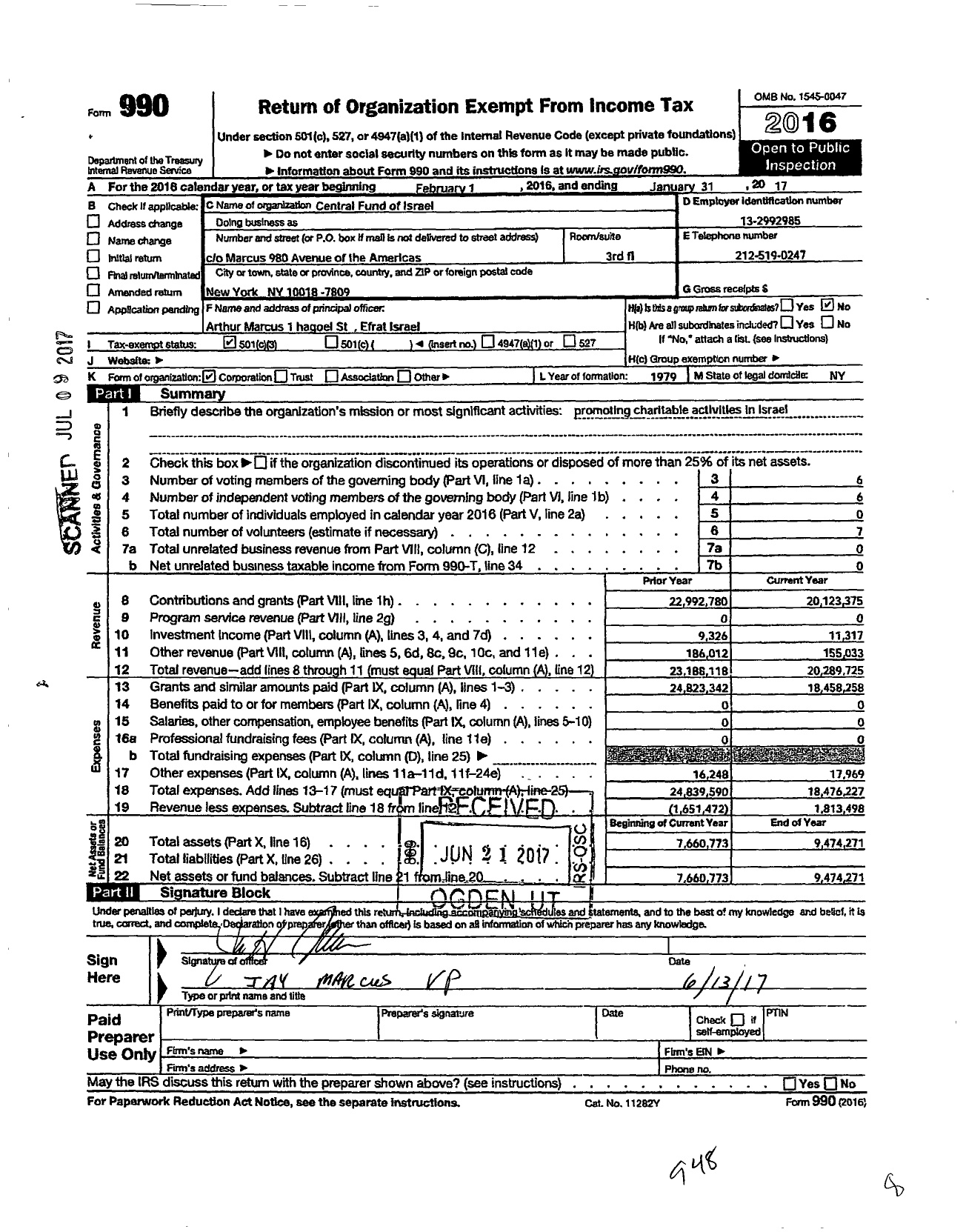 Image of first page of 2016 Form 990 for Central Fund of Israel