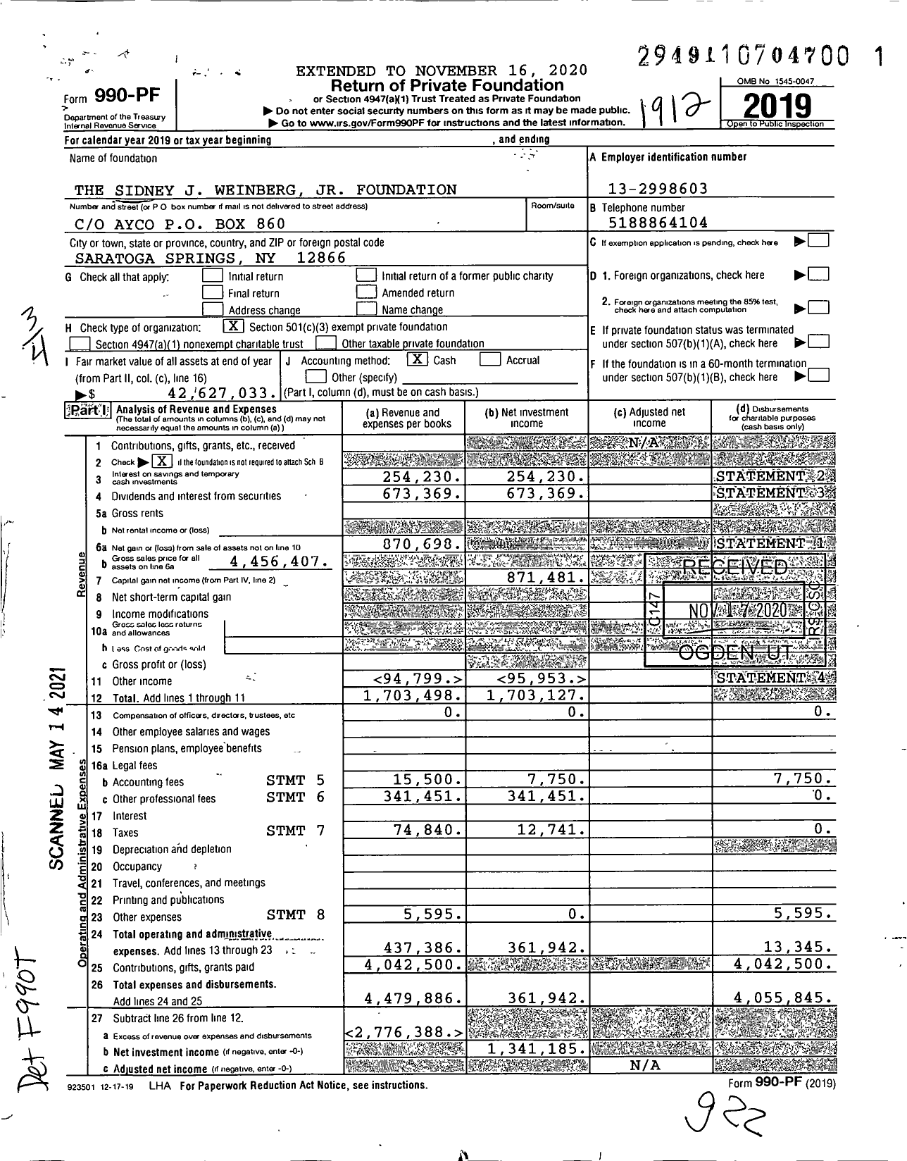 Image of first page of 2019 Form 990PF for The Sidney J Weinberg JR Foundation