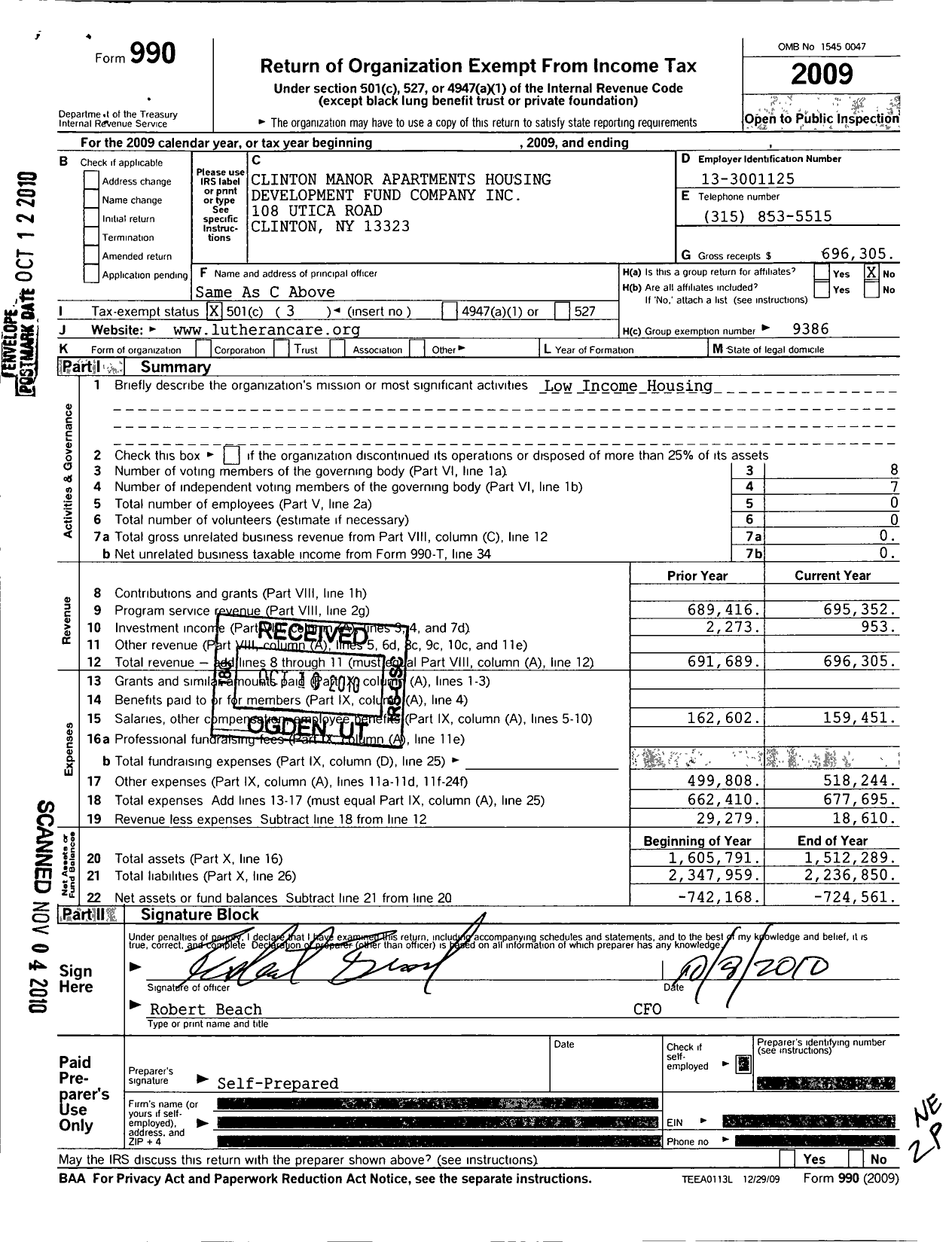 Image of first page of 2009 Form 990 for Clinton Manor Apartments Housing Development Fund Company