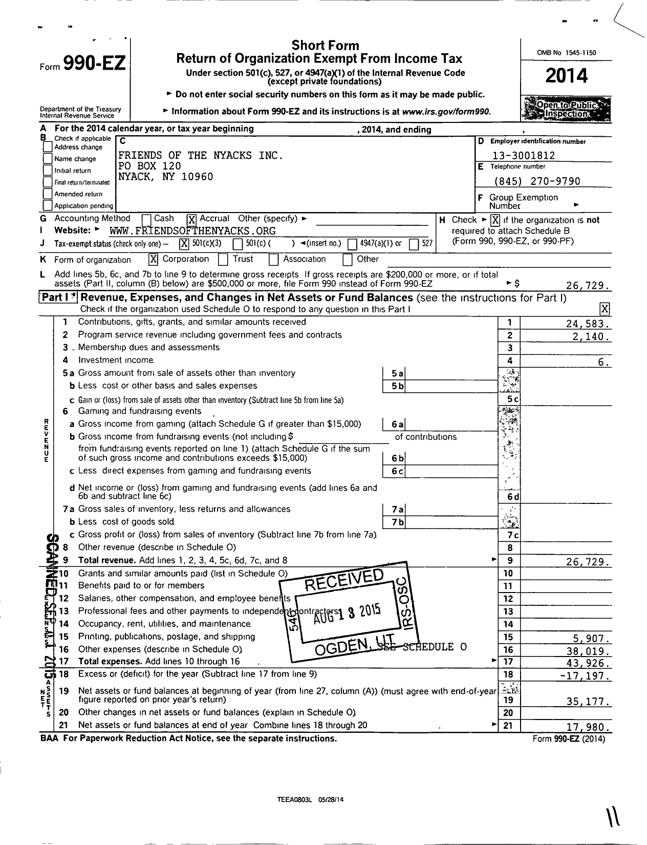 Image of first page of 2014 Form 990EZ for Friends of the Nyacks