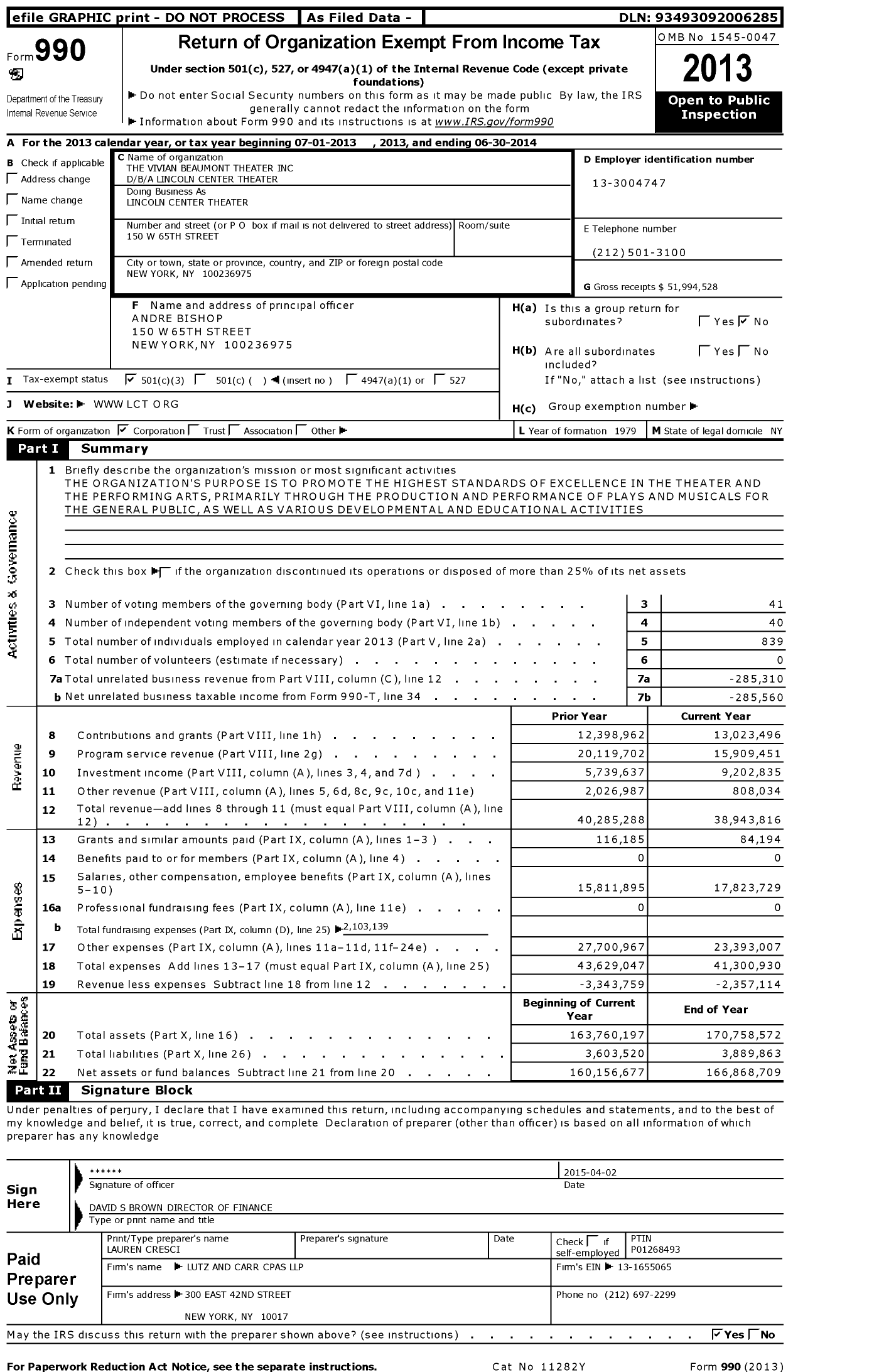 Image of first page of 2013 Form 990 for Lincoln Center Theater
