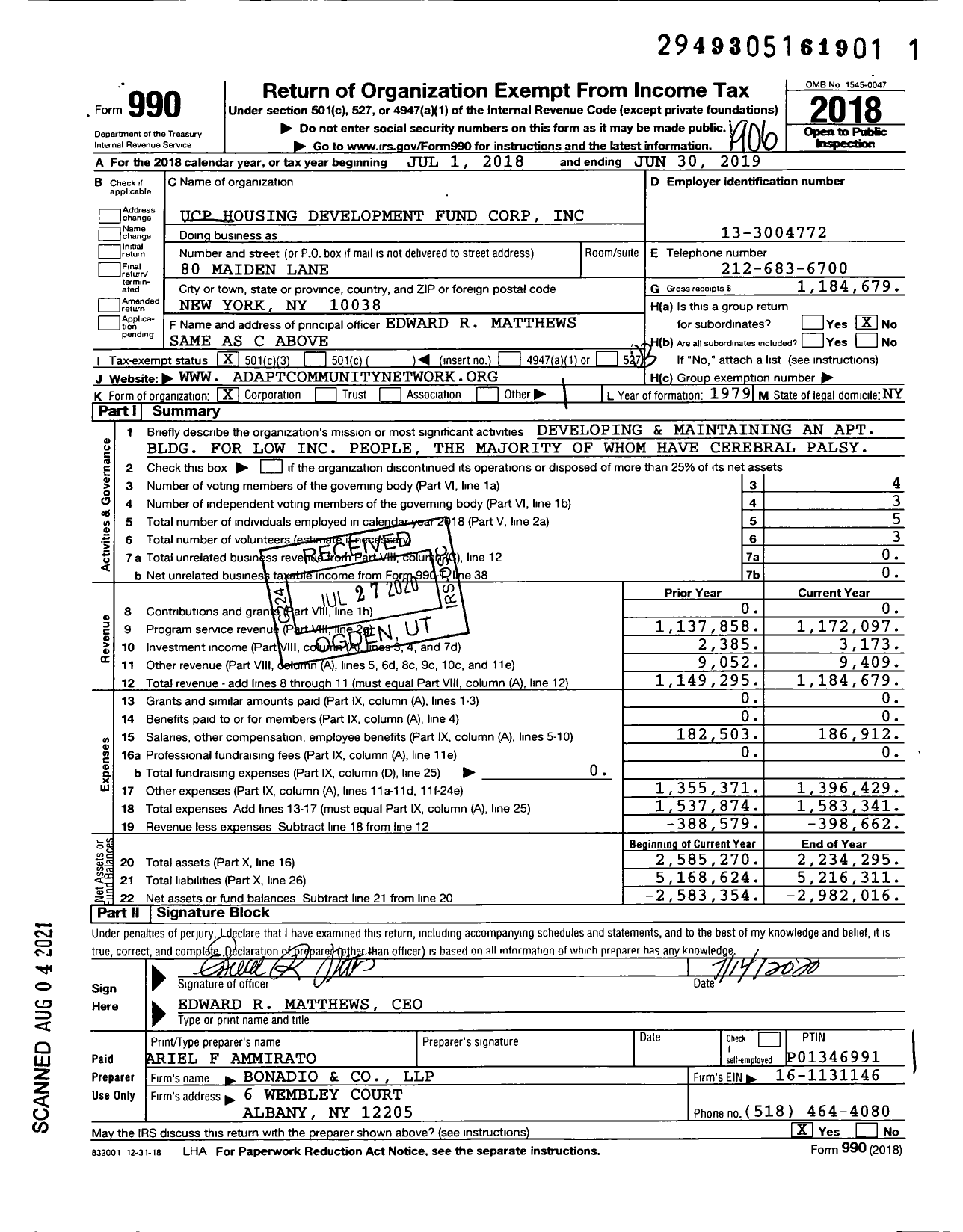 Image of first page of 2018 Form 990 for United Cerebral Palsy Housing Development Fund Corporation