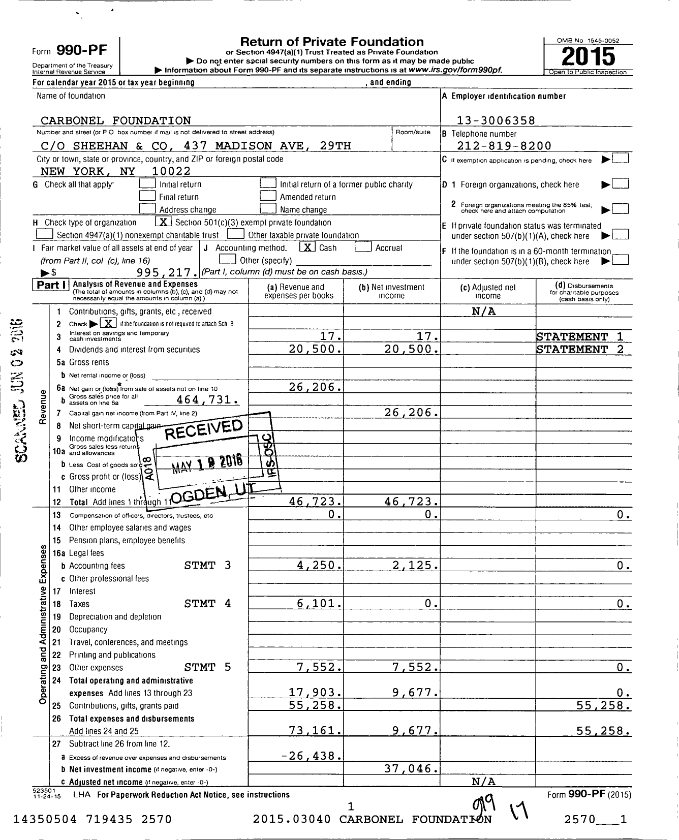 Image of first page of 2015 Form 990PF for Carbonel Foundation