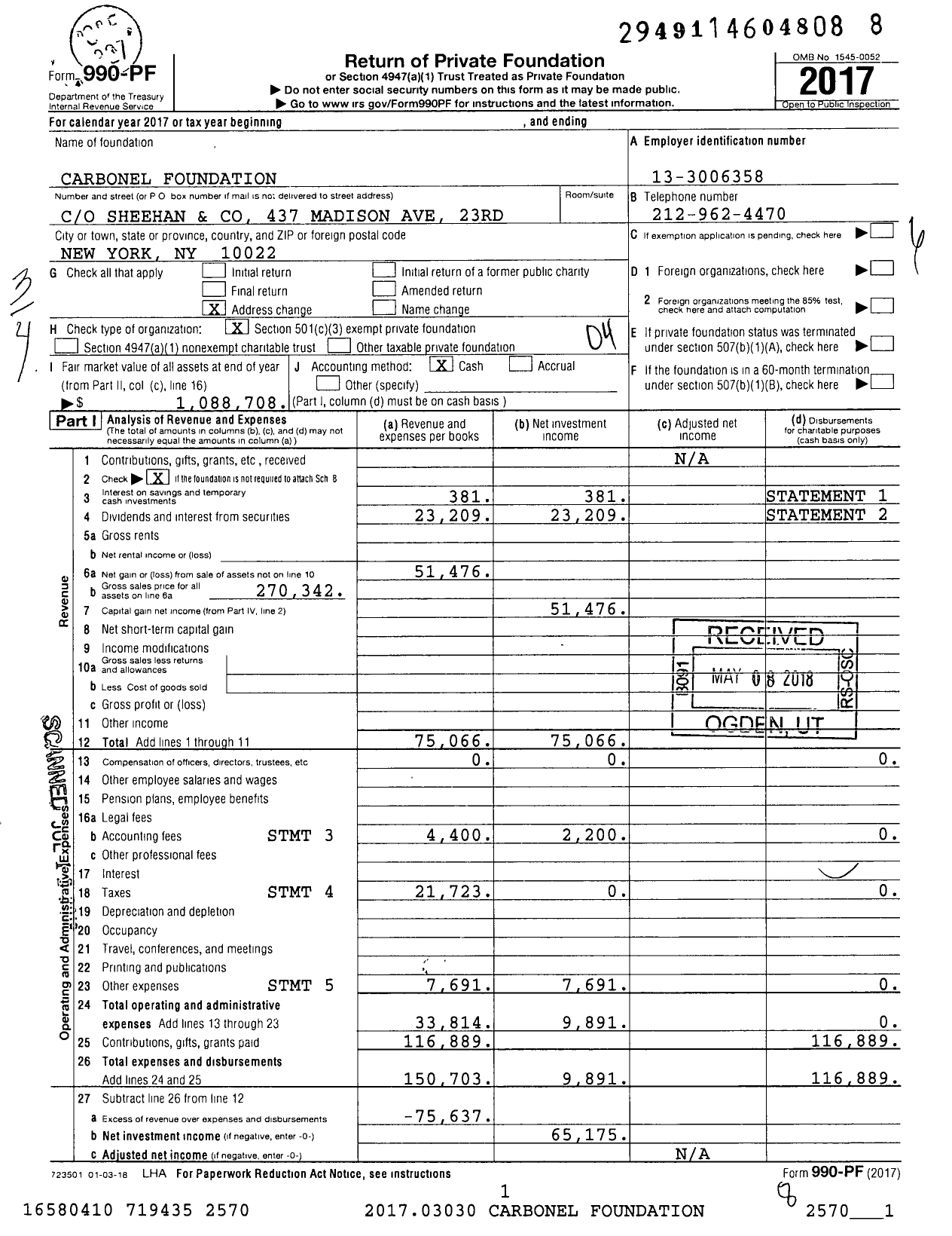 Image of first page of 2017 Form 990PF for Carbonel Foundation