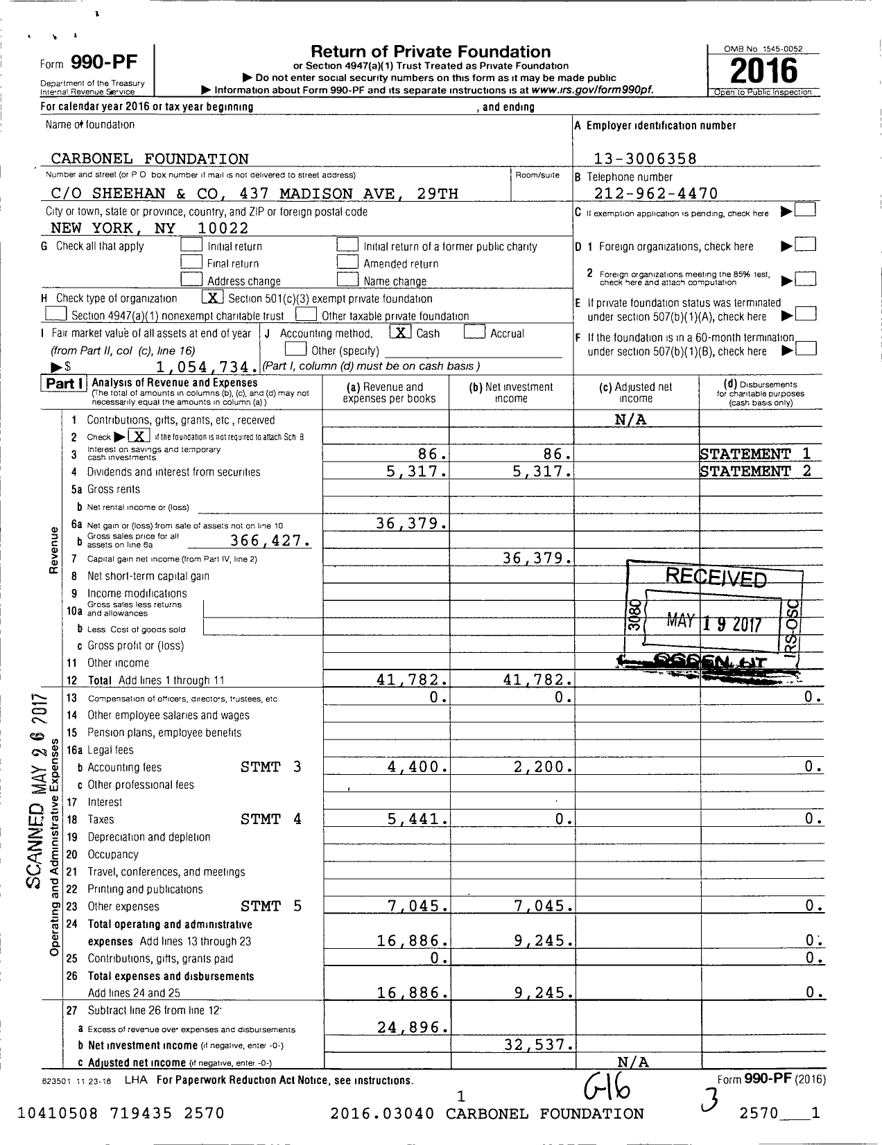 Image of first page of 2016 Form 990PF for Carbonel Foundation
