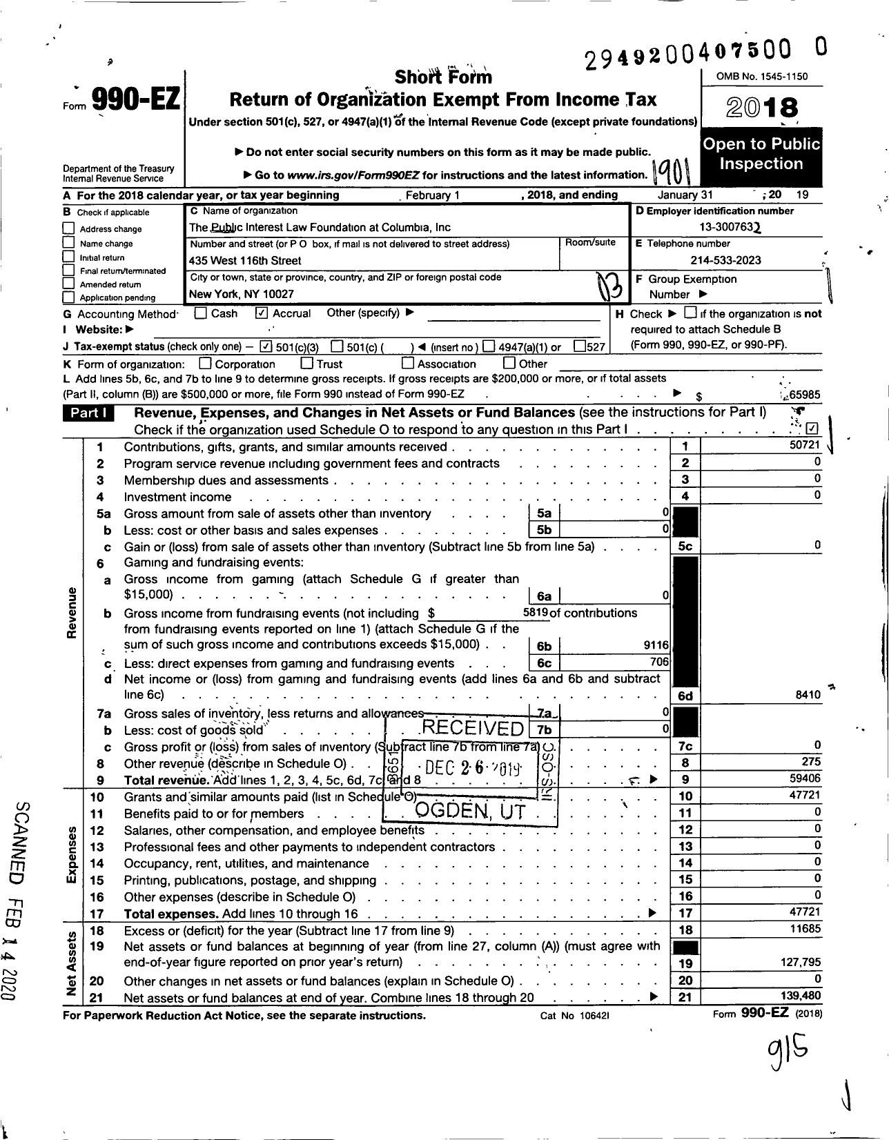 Image of first page of 2018 Form 990EZ for Public Interest Law Foundation at