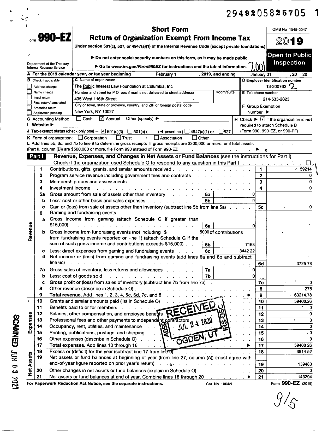 Image of first page of 2019 Form 990EZ for Public Interest Law Foundation at