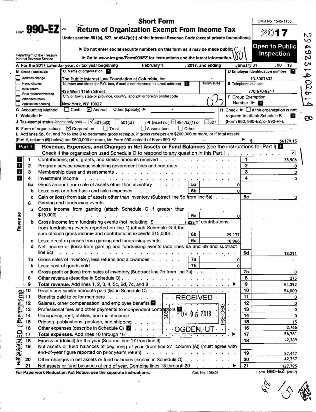 Image of first page of 2017 Form 990EZ for Public Interest Law Foundation at