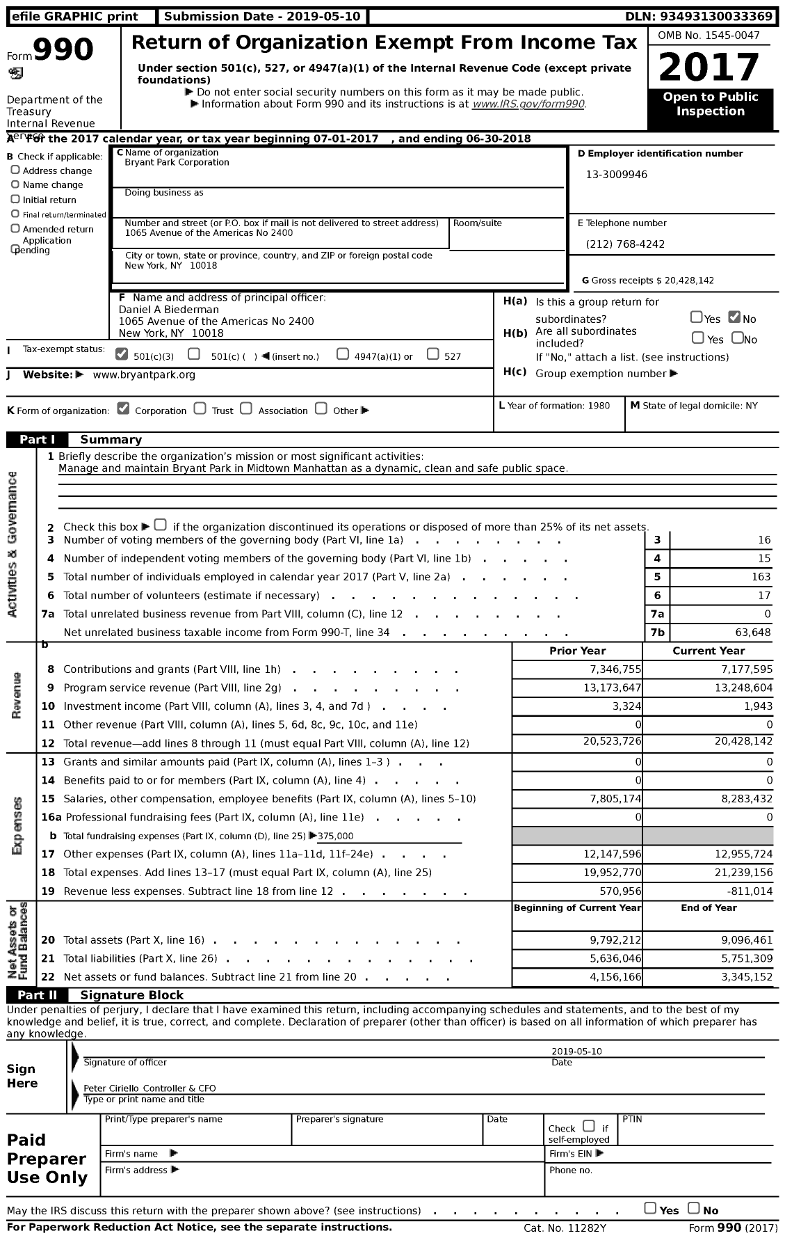 Image of first page of 2017 Form 990 for Bryant Park Corporation