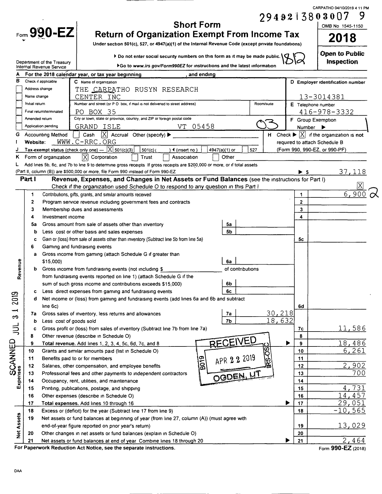 Image of first page of 2018 Form 990EZ for Carpatho Rusyn Research Center