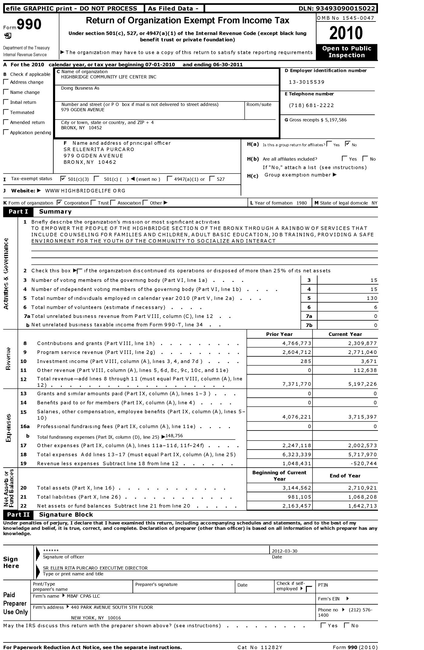 Image of first page of 2010 Form 990 for Highbridge Community Life Center