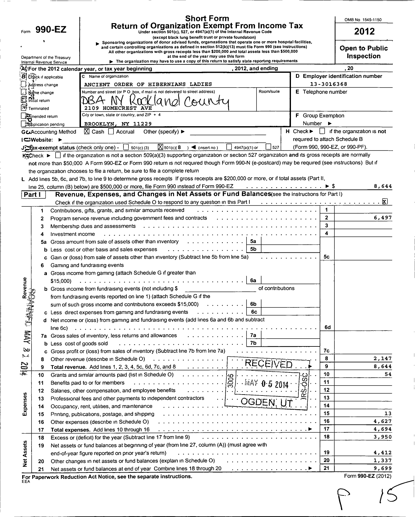 Image of first page of 2012 Form 990EO for Ladies Ancient Order of Hibernians / Ny Rockland County