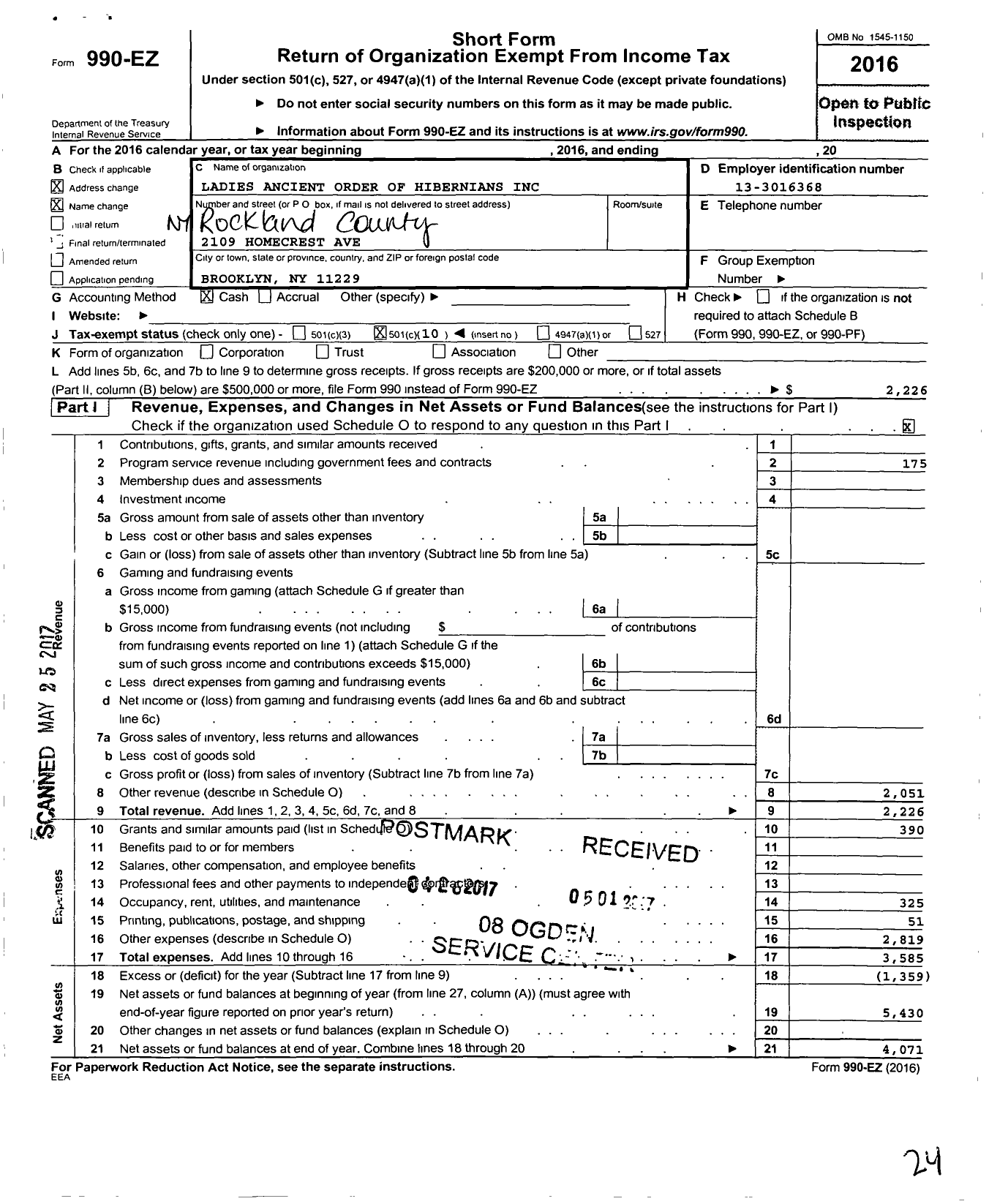 Image of first page of 2016 Form 990EO for Ladies Ancient Order of Hibernians / Ny Rockland County