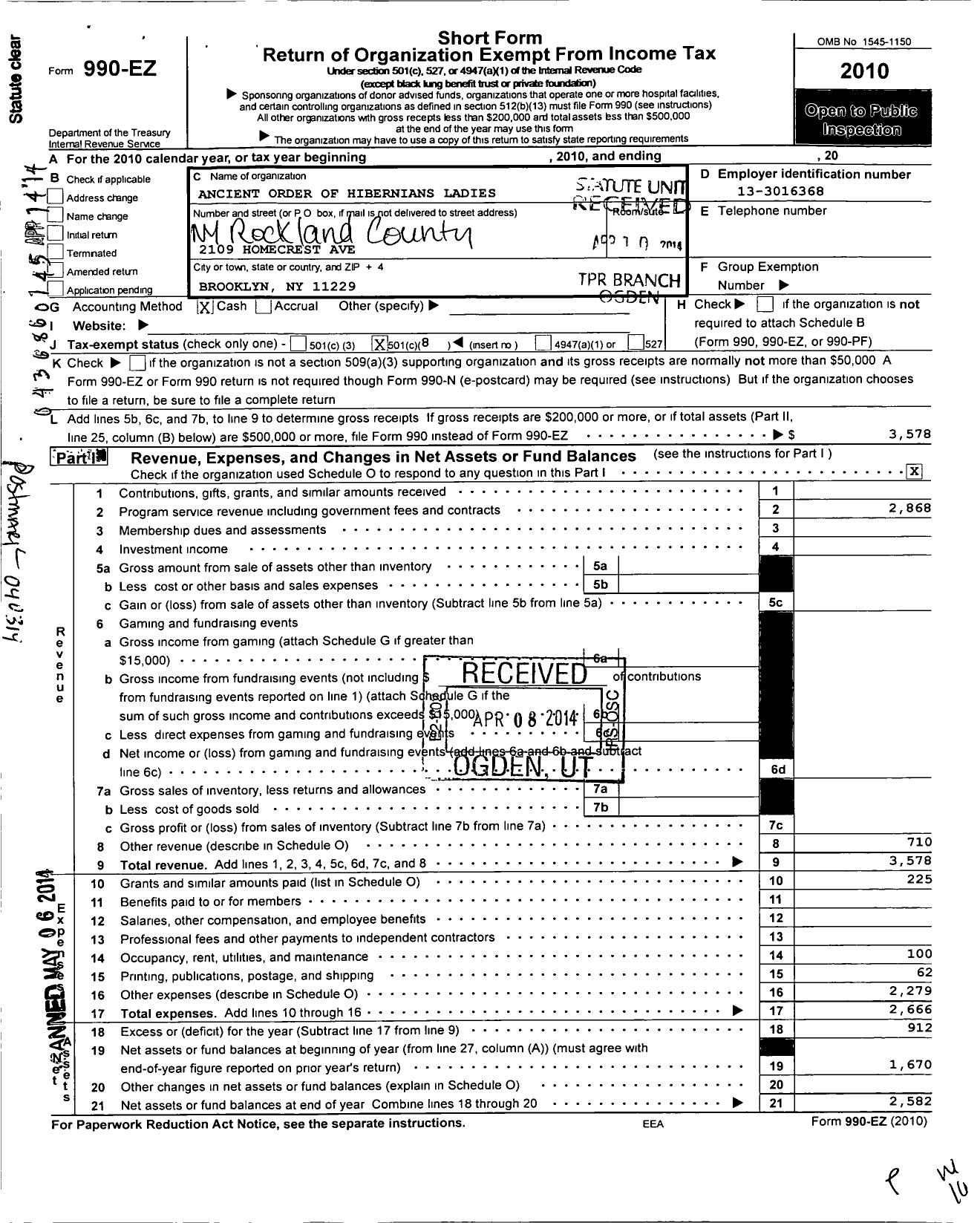 Image of first page of 2010 Form 990EO for Ladies Ancient Order of Hibernians / Ny Rockland County