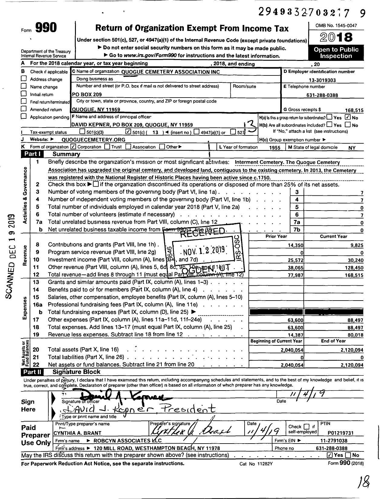 Image of first page of 2018 Form 990O for Quogue Cemetery Association