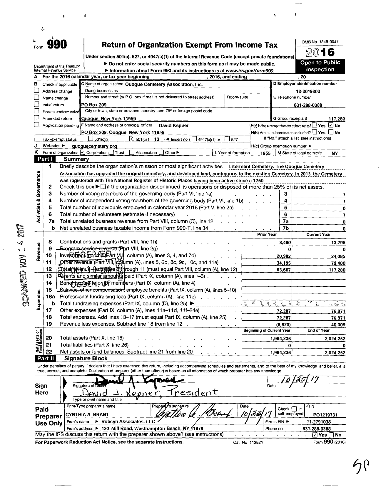 Image of first page of 2016 Form 990O for Quogue Cemetery Association