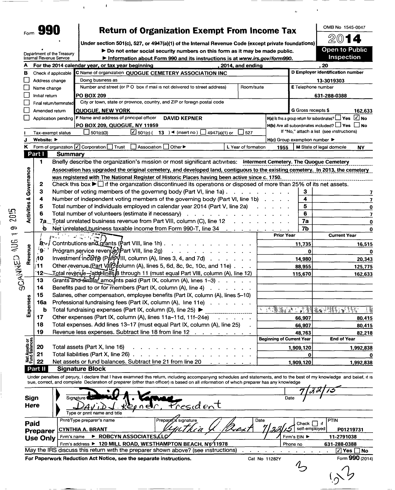 Image of first page of 2014 Form 990O for Quogue Cemetery Association