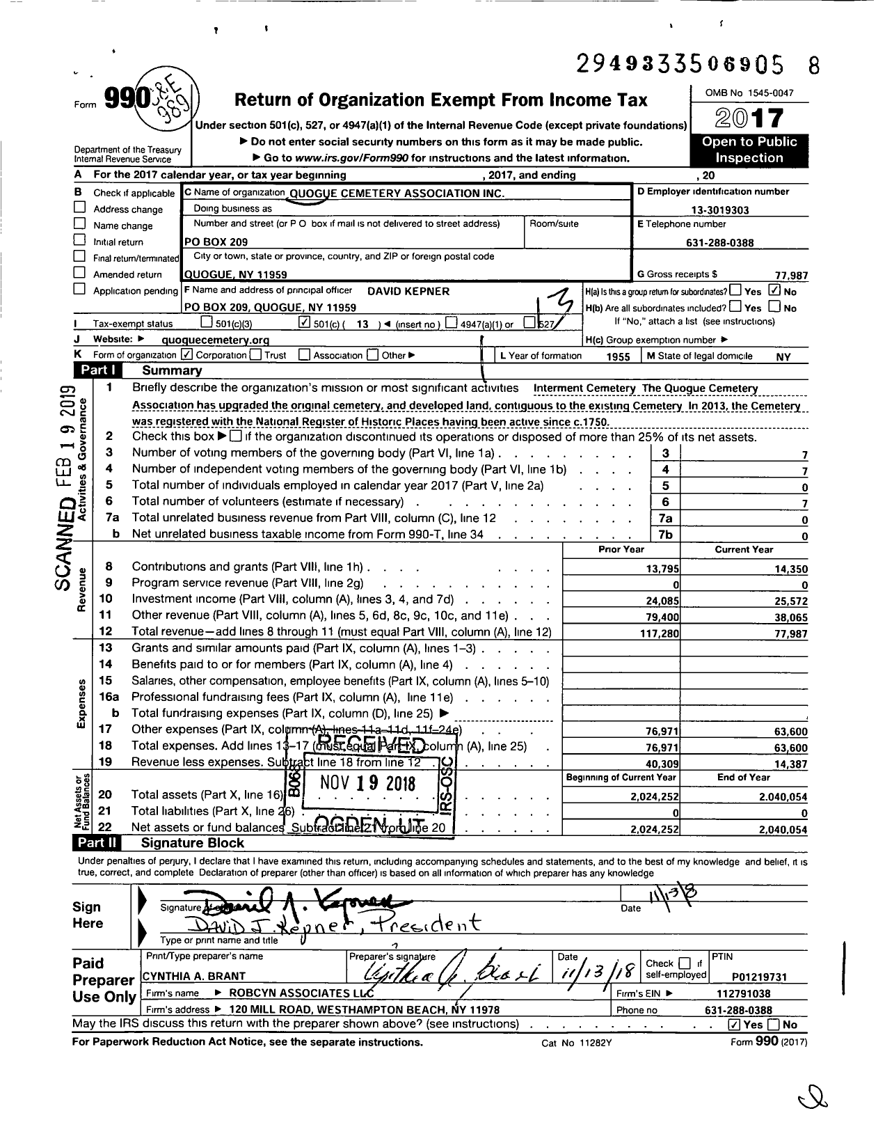 Image of first page of 2017 Form 990O for Quogue Cemetery Association