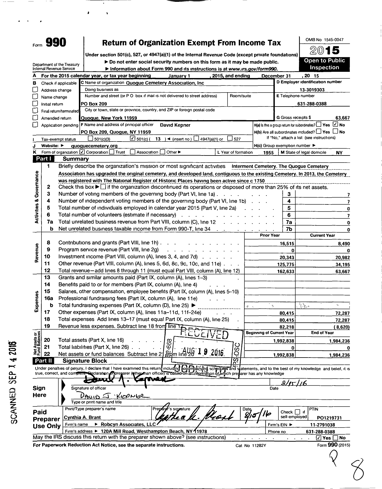 Image of first page of 2015 Form 990O for Quogue Cemetery Association