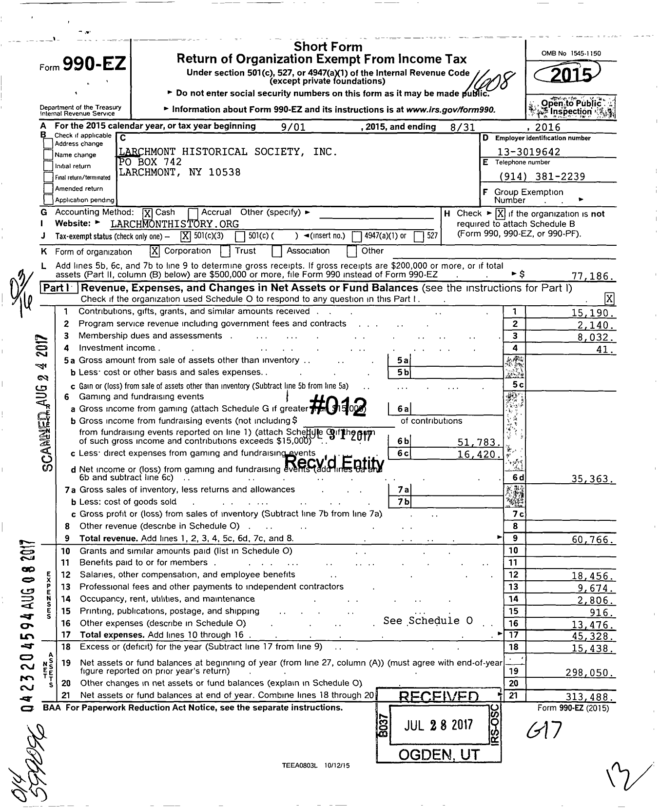 Image of first page of 2015 Form 990EZ for Larchmont Historical Society