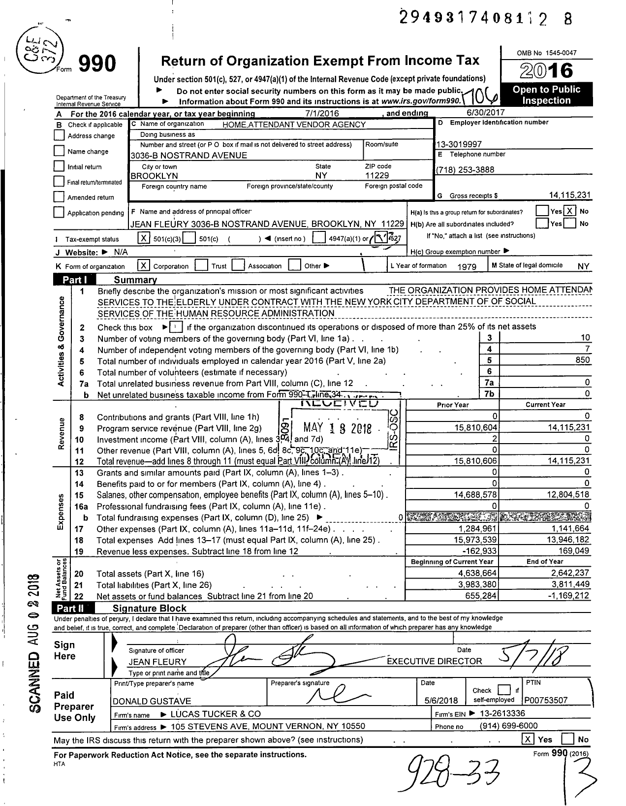 Image of first page of 2016 Form 990 for Home Attendant Vendor Agency