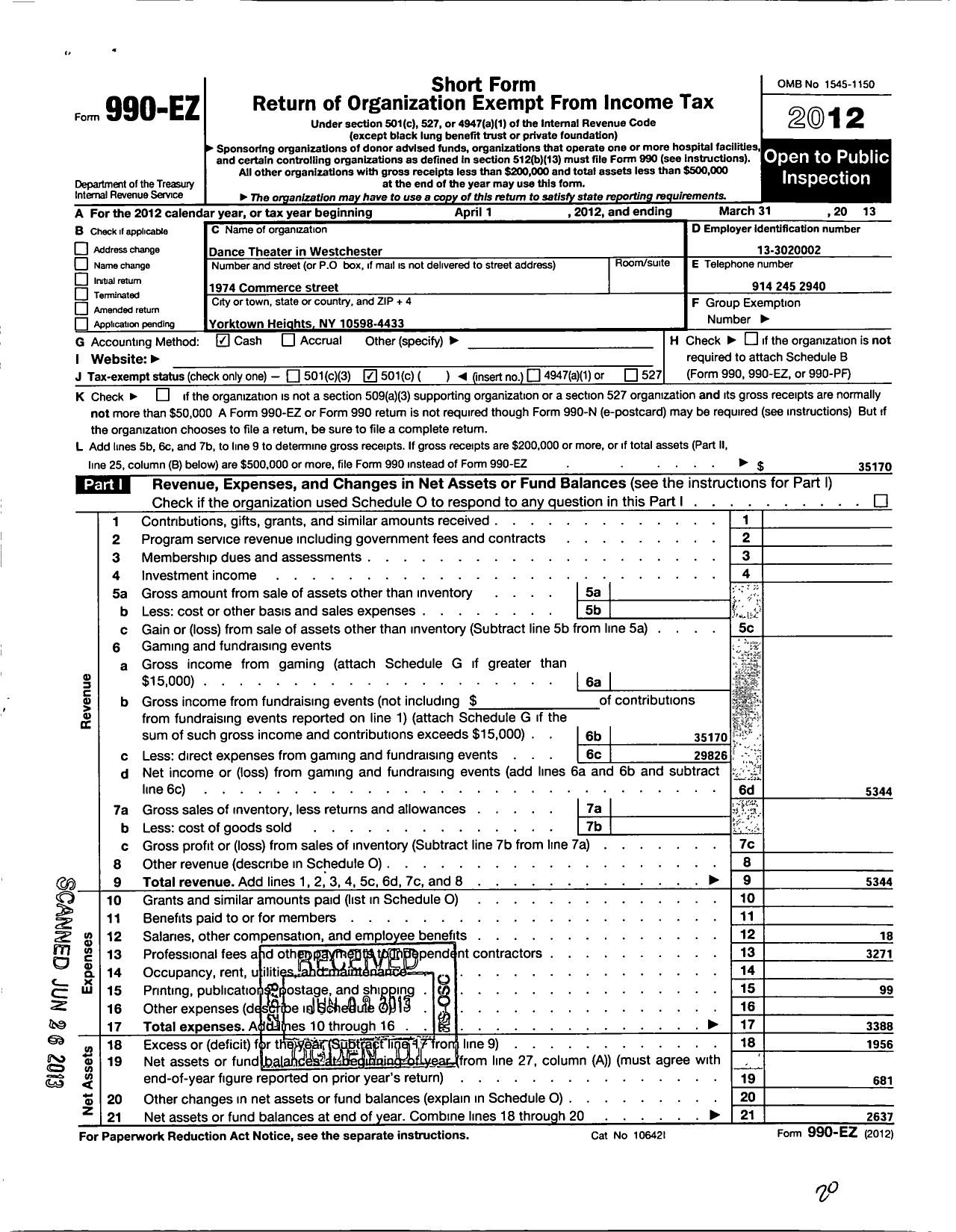 Image of first page of 2012 Form 990EO for Dance Theatre in Westchester