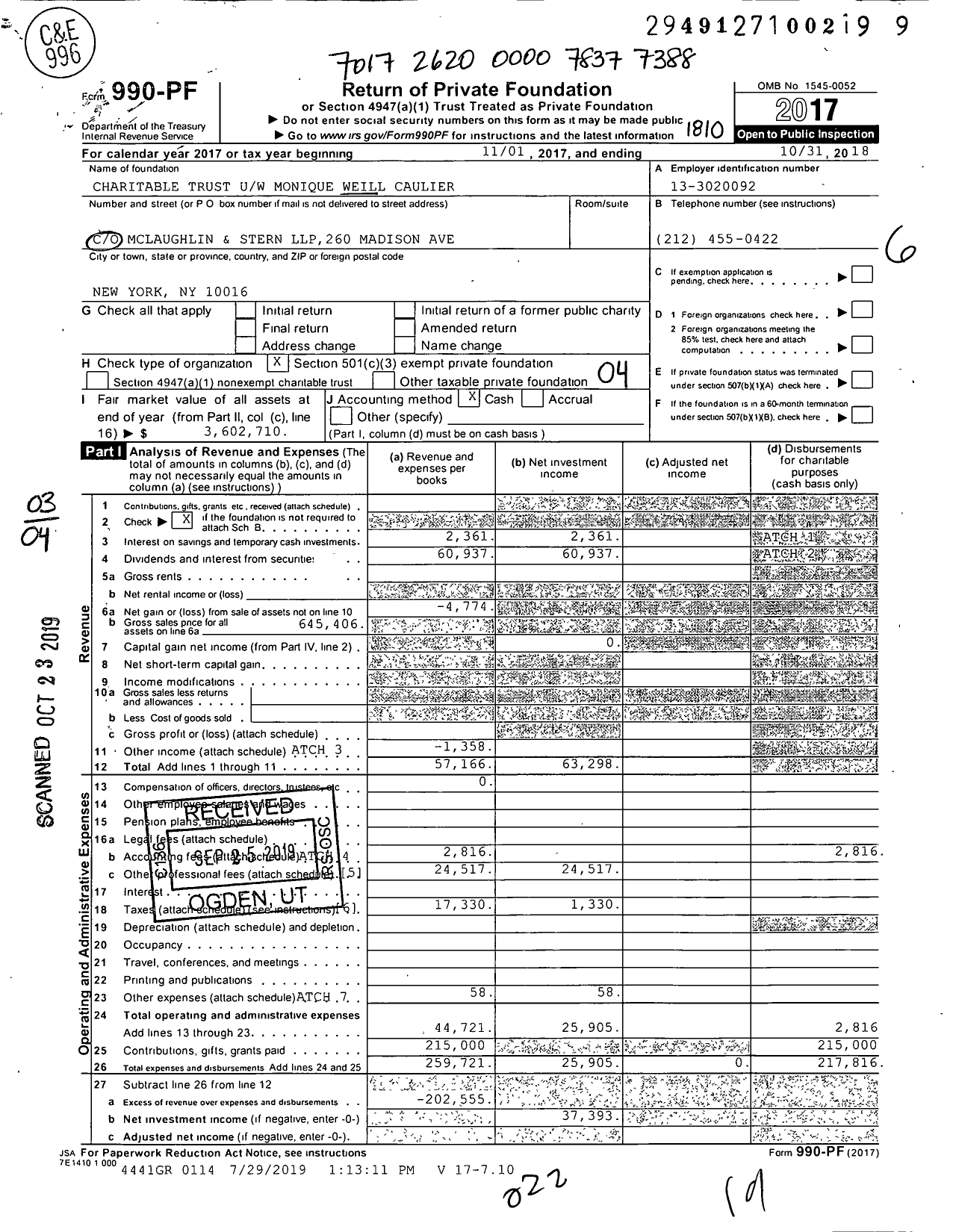 Image of first page of 2017 Form 990PF for Charitable Trust UW Monique Weill Weill-Caulier