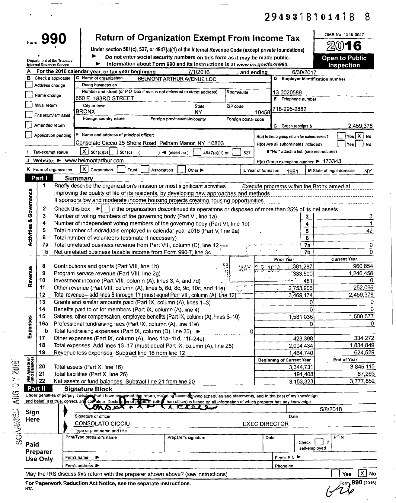 Image of first page of 2016 Form 990 for Belmont Arthur Avenue Local Development Corporation (BAALDC)