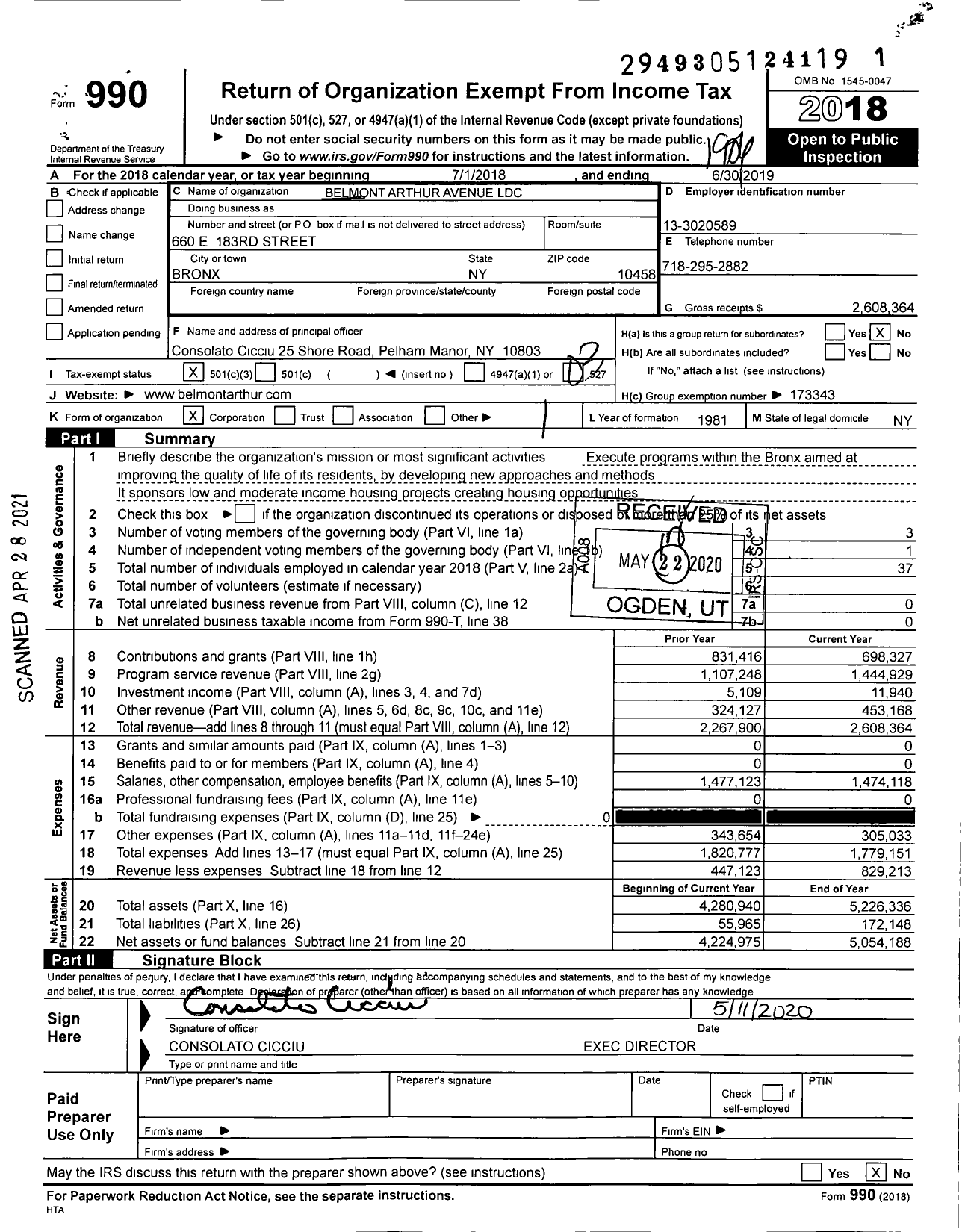 Image of first page of 2018 Form 990 for Belmont Arthur Avenue Local Development Corporation (BAALDC)
