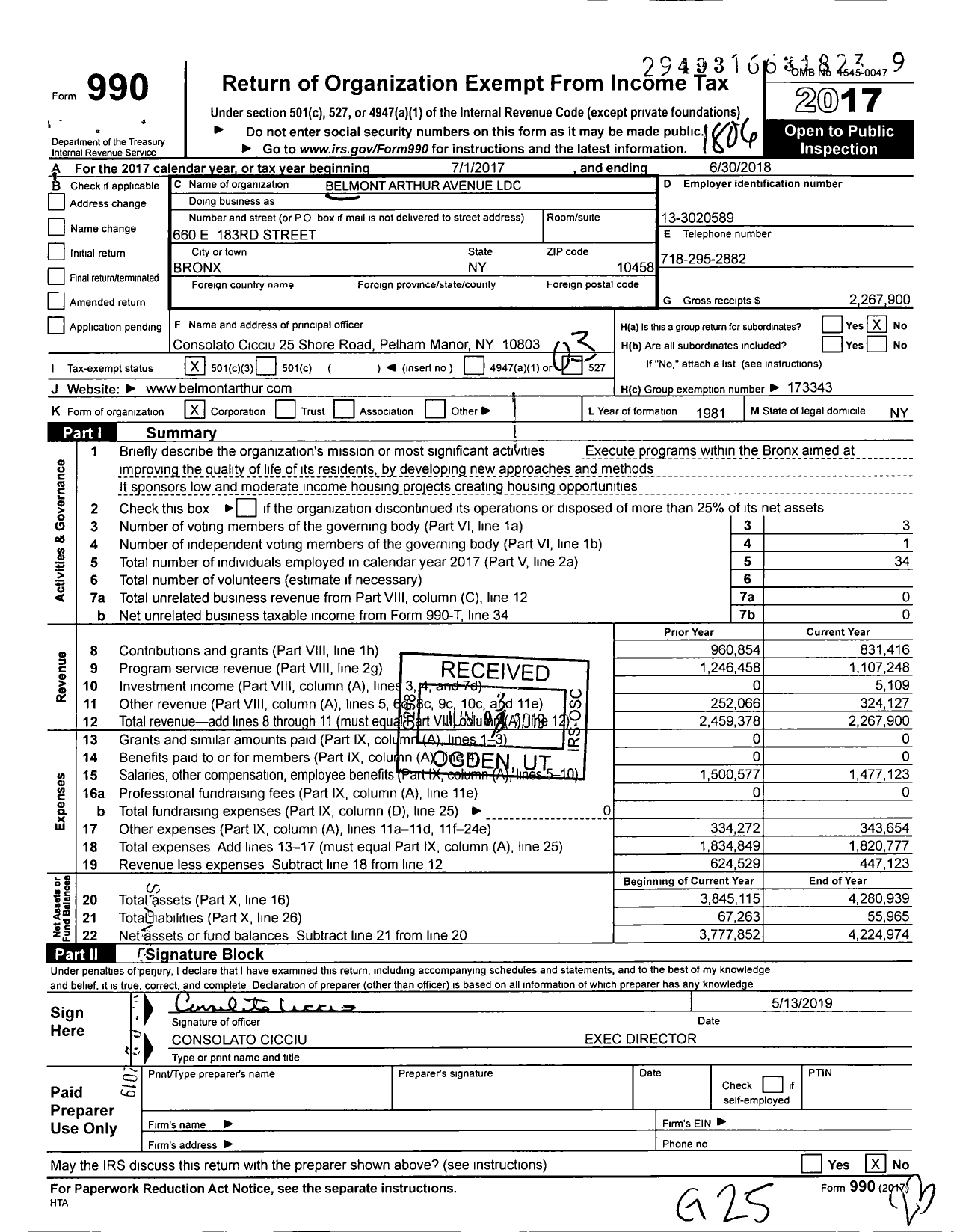 Image of first page of 2017 Form 990 for Belmont Arthur Avenue Local Development Corporation (BAALDC)