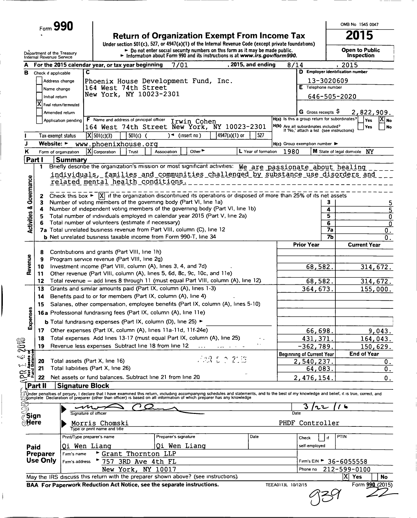 Image of first page of 2014 Form 990 for Phoenix House Development Fund