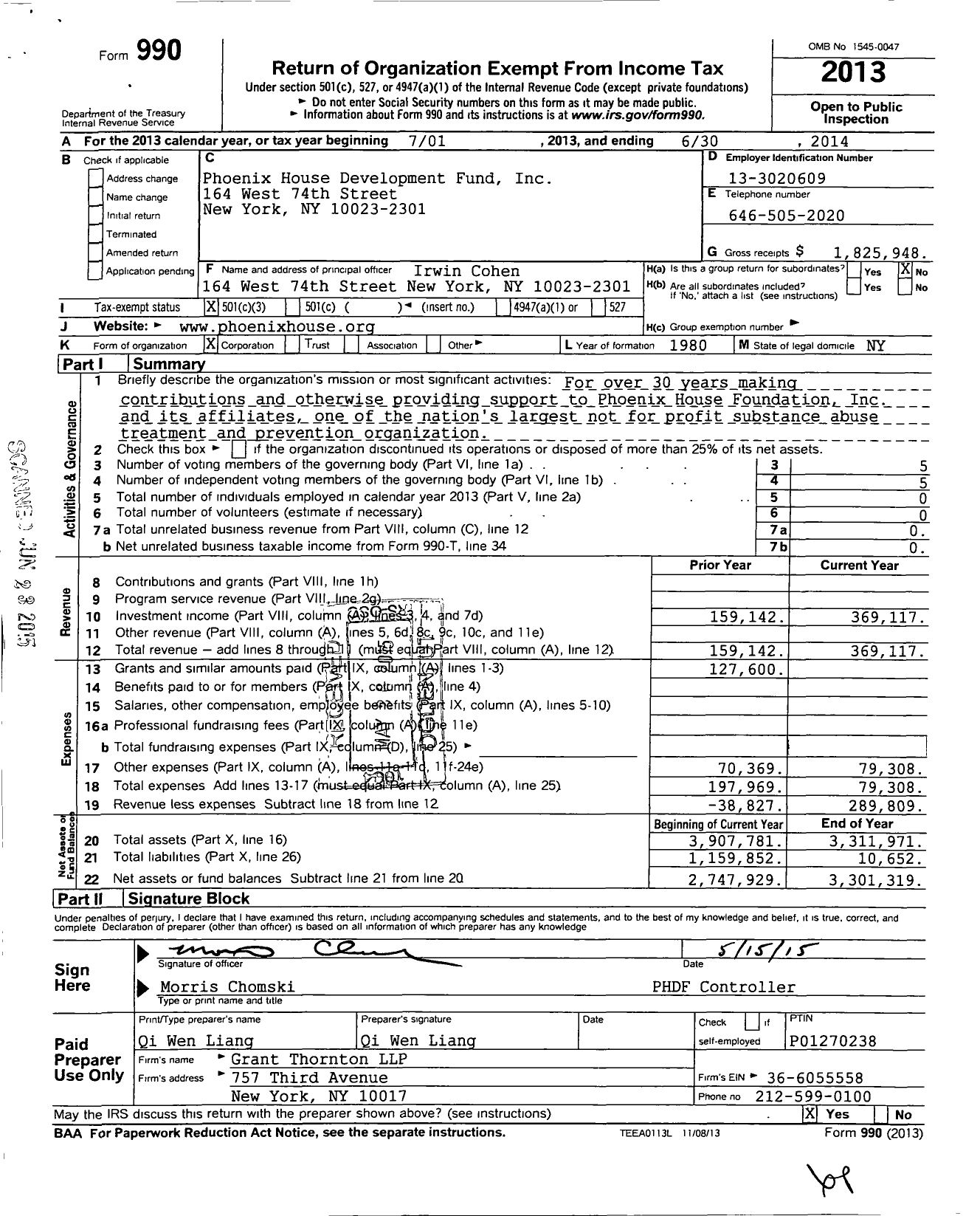 Image of first page of 2013 Form 990 for Phoenix House Development Fund